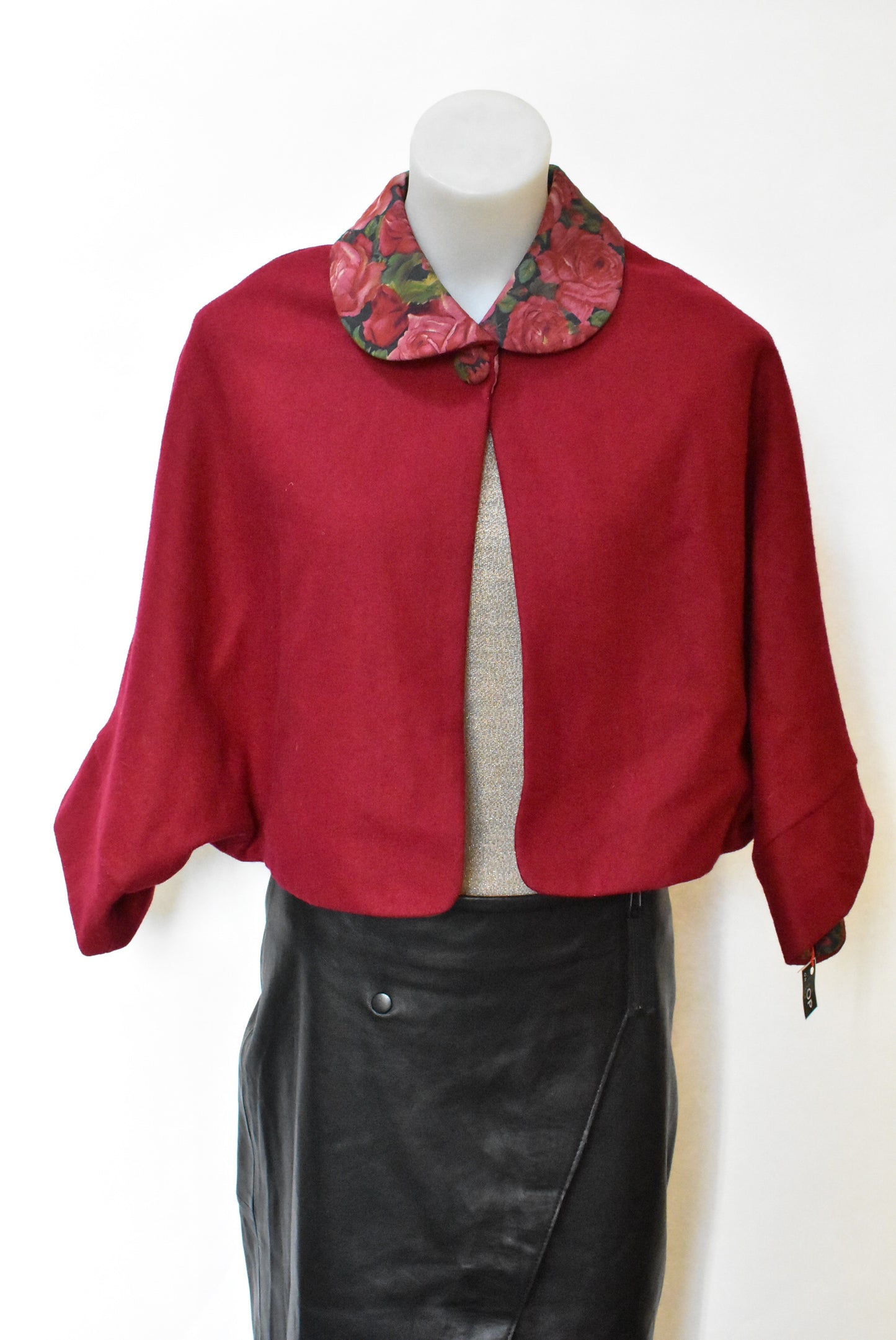 Chelsea Gale, ruby red and floral poncho, OSFM