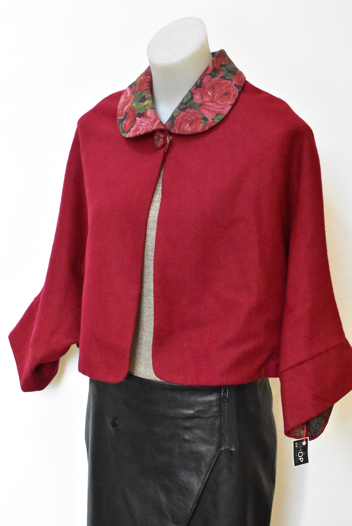 Chelsea Gale, ruby red and floral poncho, OSFM