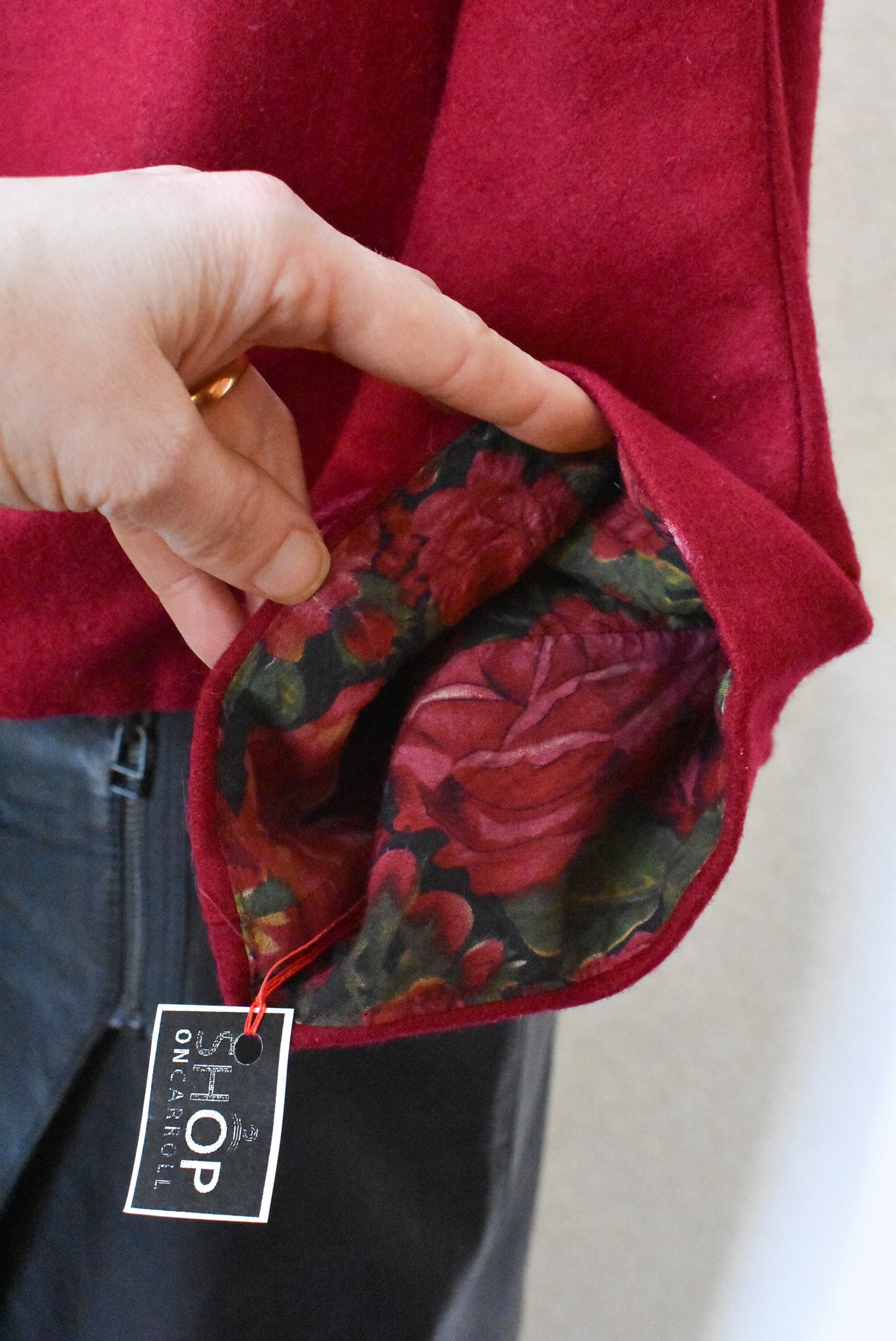 Chelsea Gale, ruby red and floral poncho, OSFM