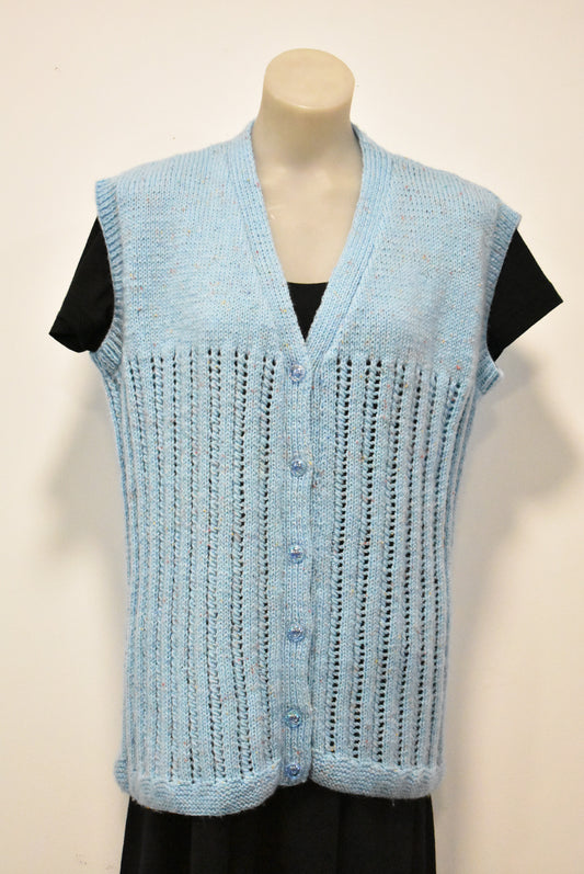 Cable and lace-knit hand crafted baby blue vest, M/L