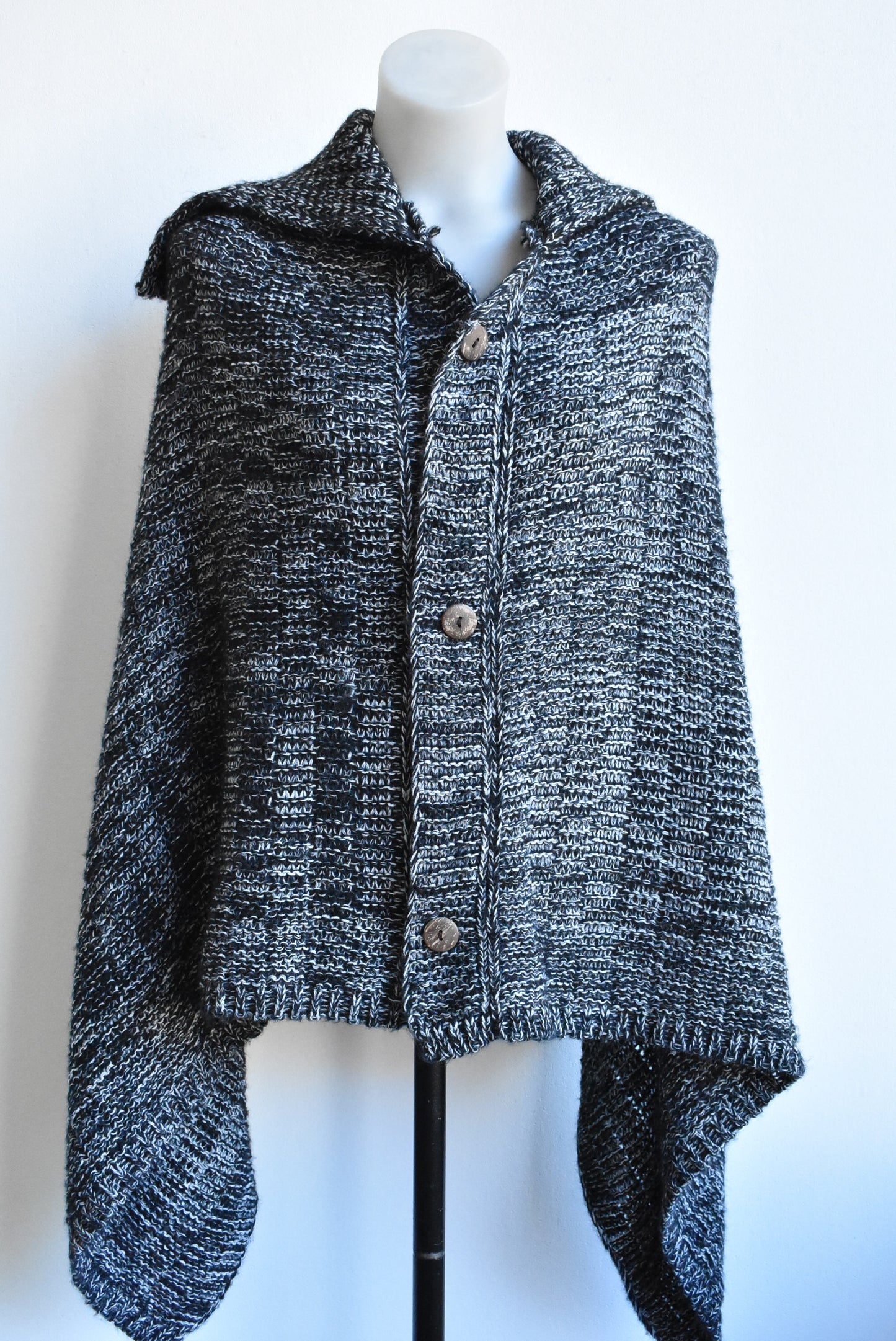 Black & white knit large buttoned poncho, OSFM