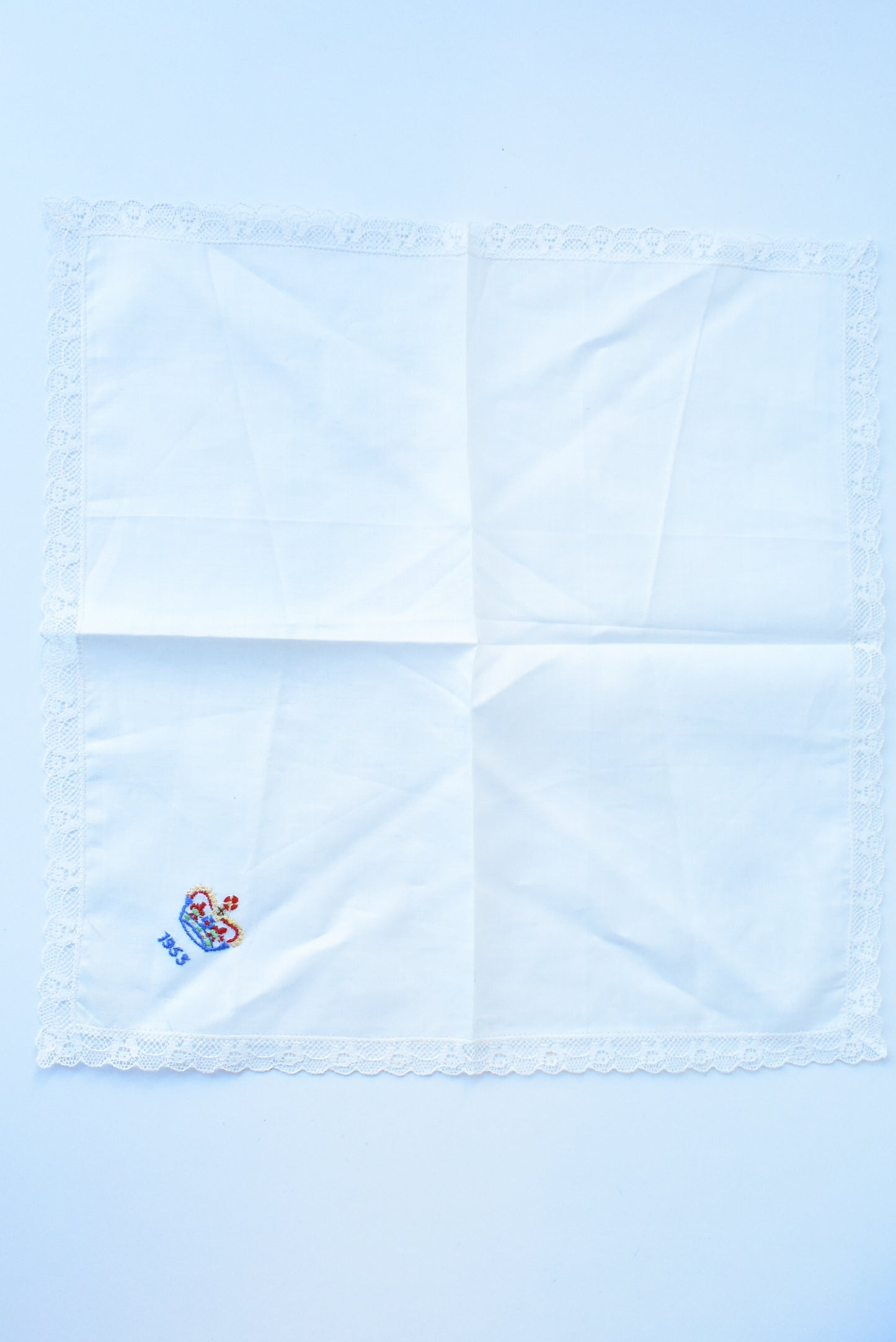Lace-trimmed 1953 Coronation white handkerchief
