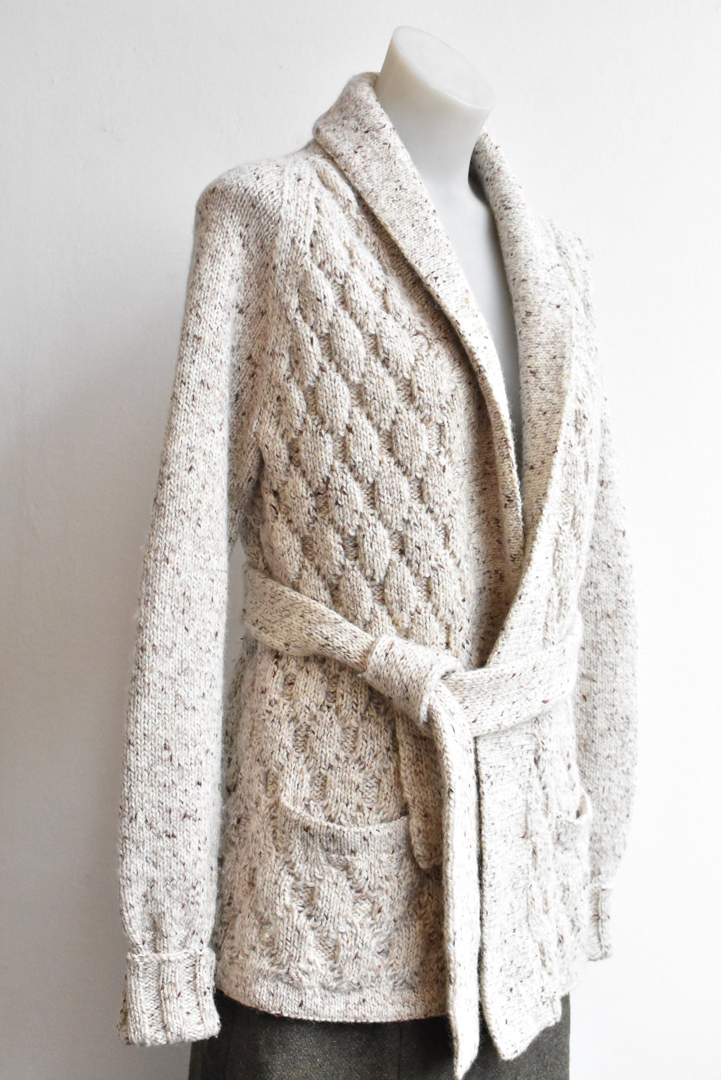 Handcrafted wool cableknit cardigan with belt, S/M