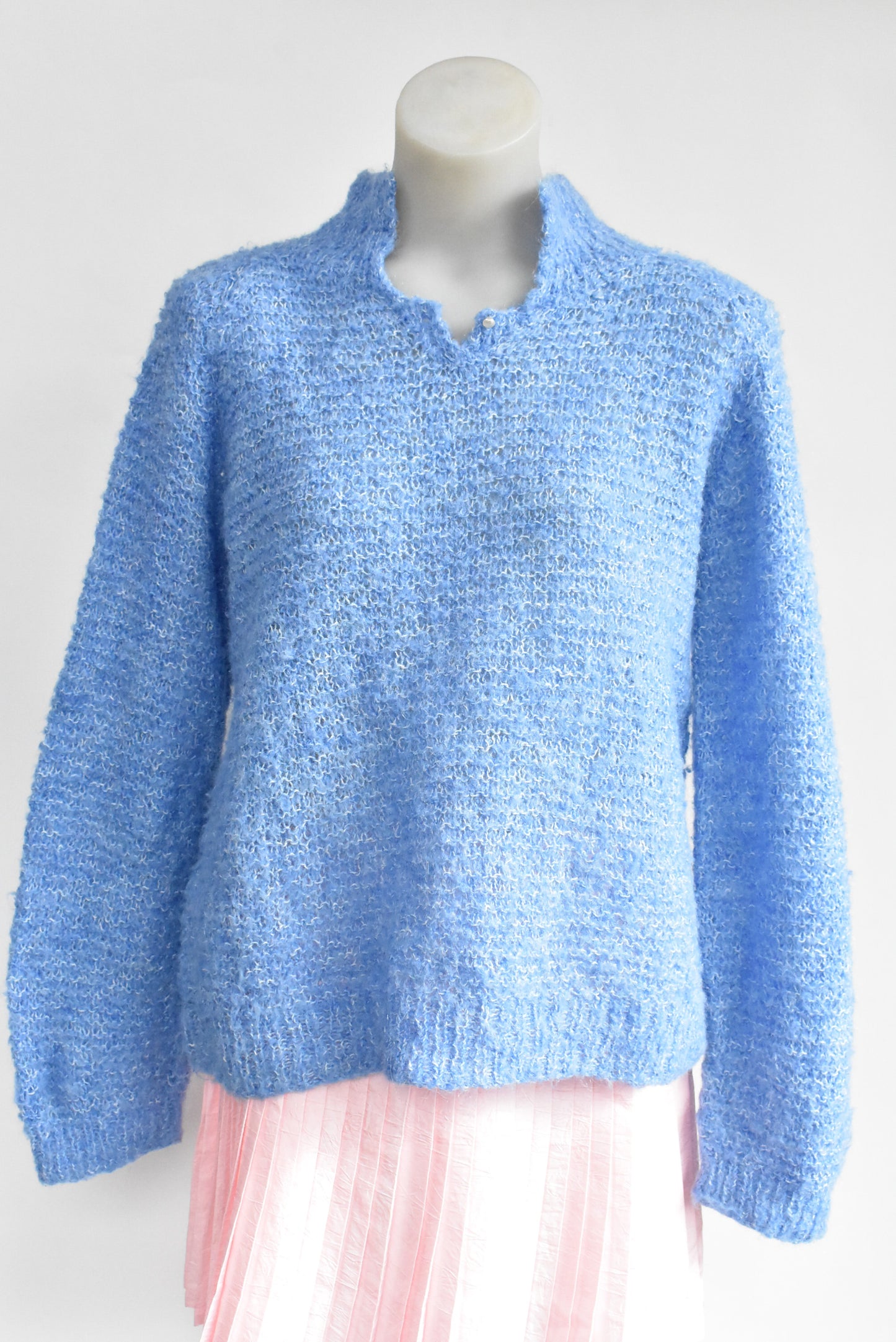 Handknit blue wool jumper, M