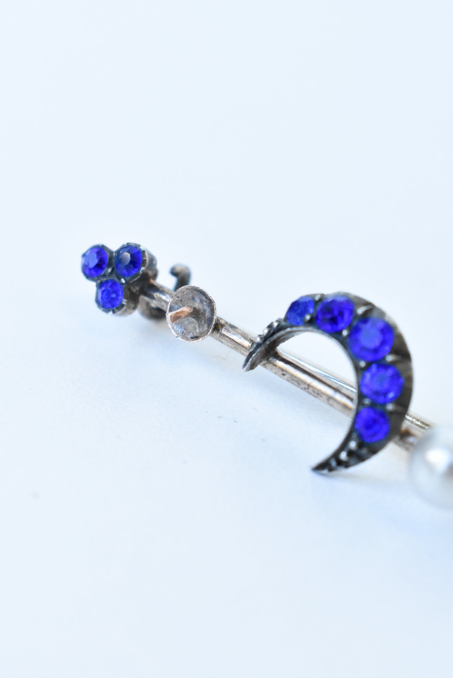 Crescent moon early 1900's vintage blue and silver brooch