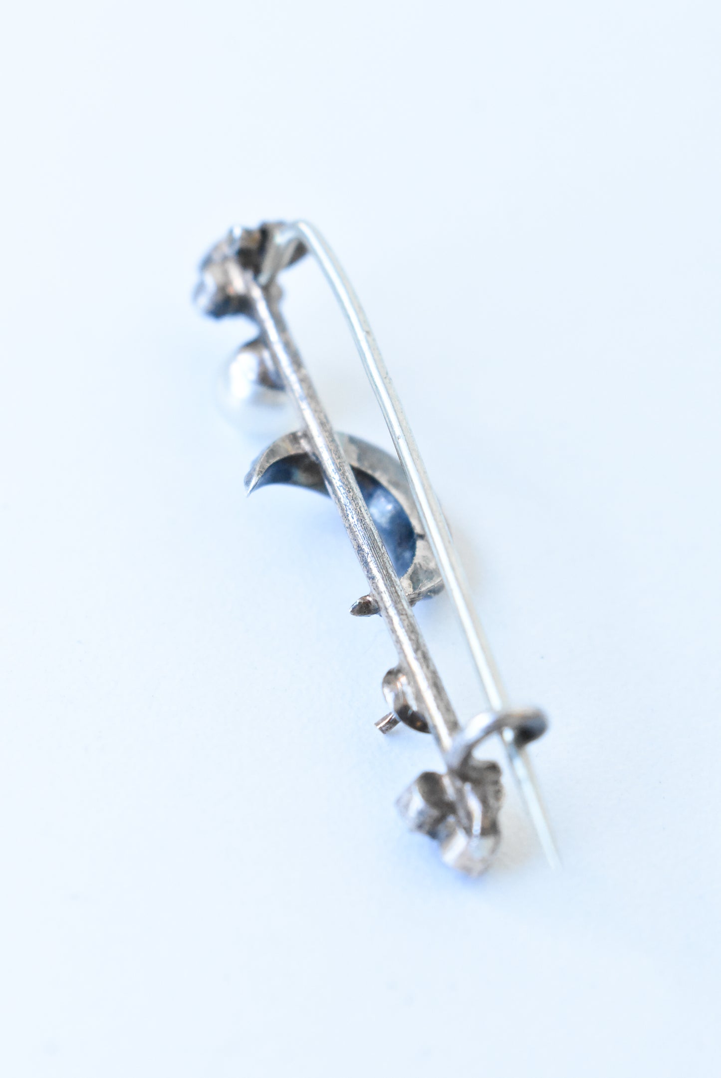 Crescent moon early 1900's vintage blue and silver brooch