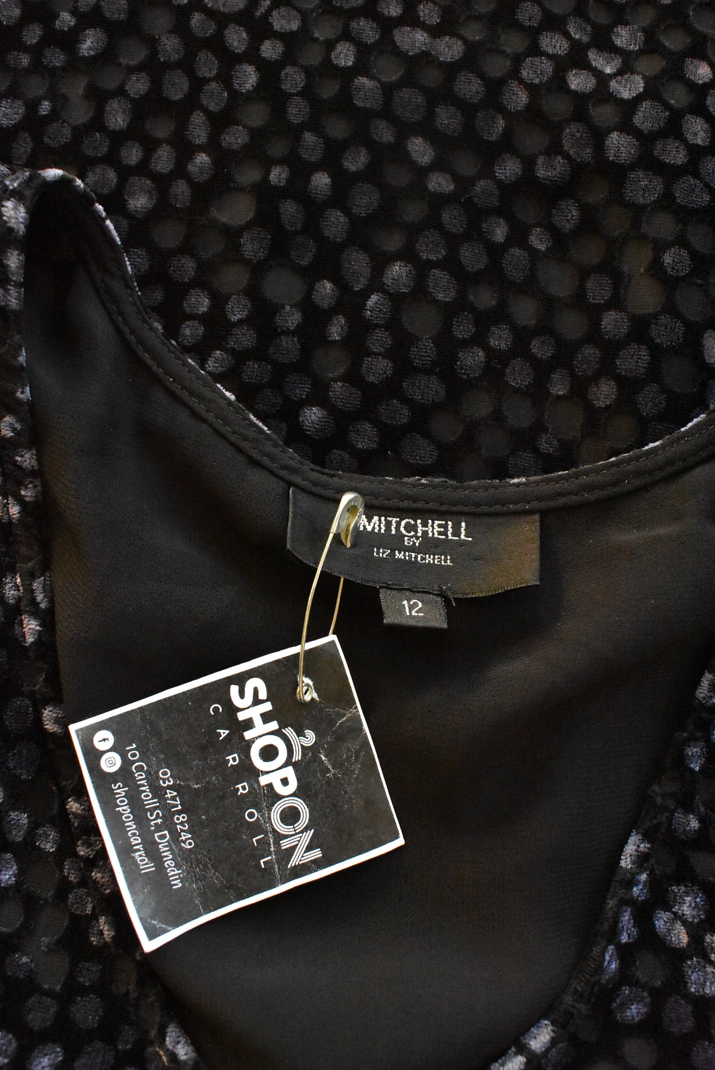 Mitchell by Liz Mitchell black sheer & velvet top, size 12