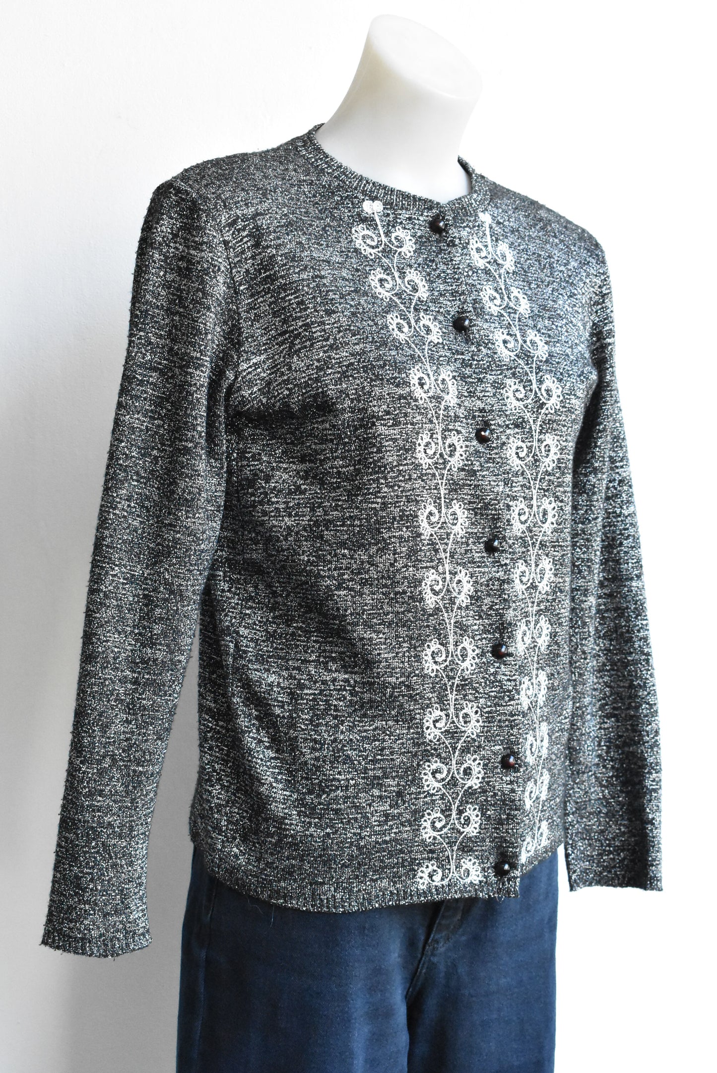 Contessa retro black shiny embroidery cardigan, size SW