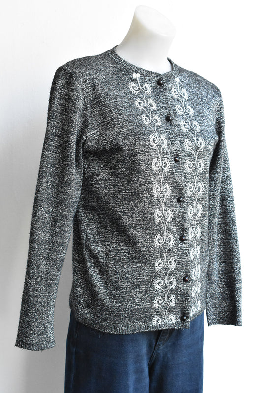 Contessa retro black shiny embroidery cardigan, size SW