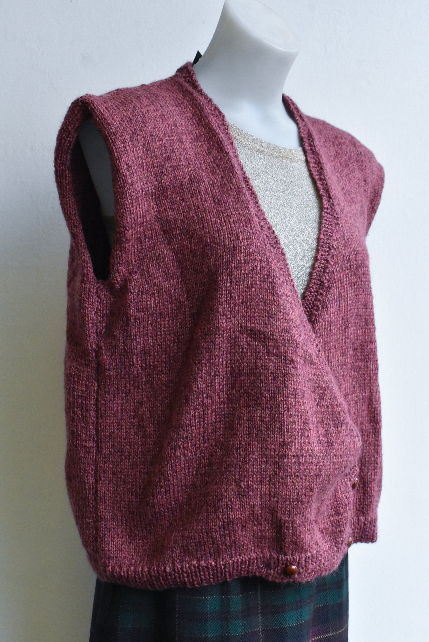 Handmade sleeveless dusky rose knit cardigan, L