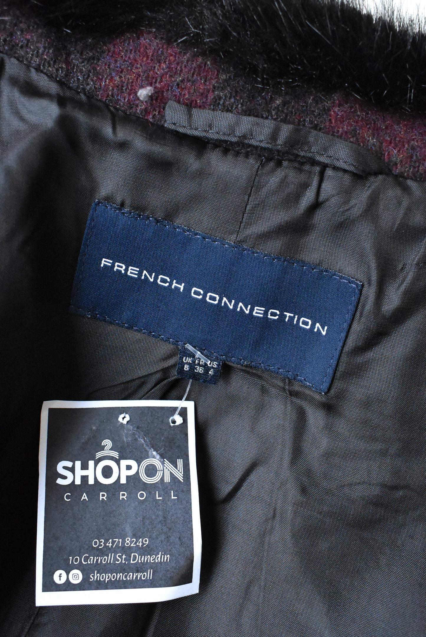 French Connection wool blend coat with furry collar, 8