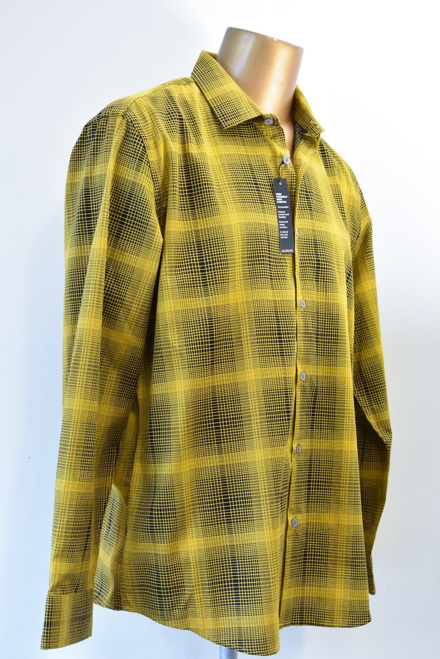 Alfani long sleeve black and marigold yellow plaid shirt, XL