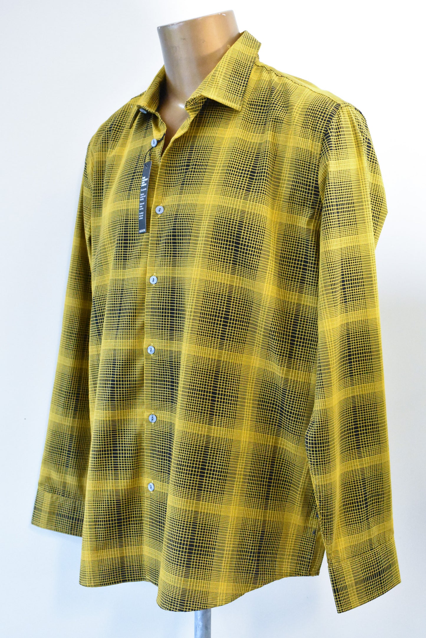Alfani long sleeve black and marigold yellow plaid shirt, XL