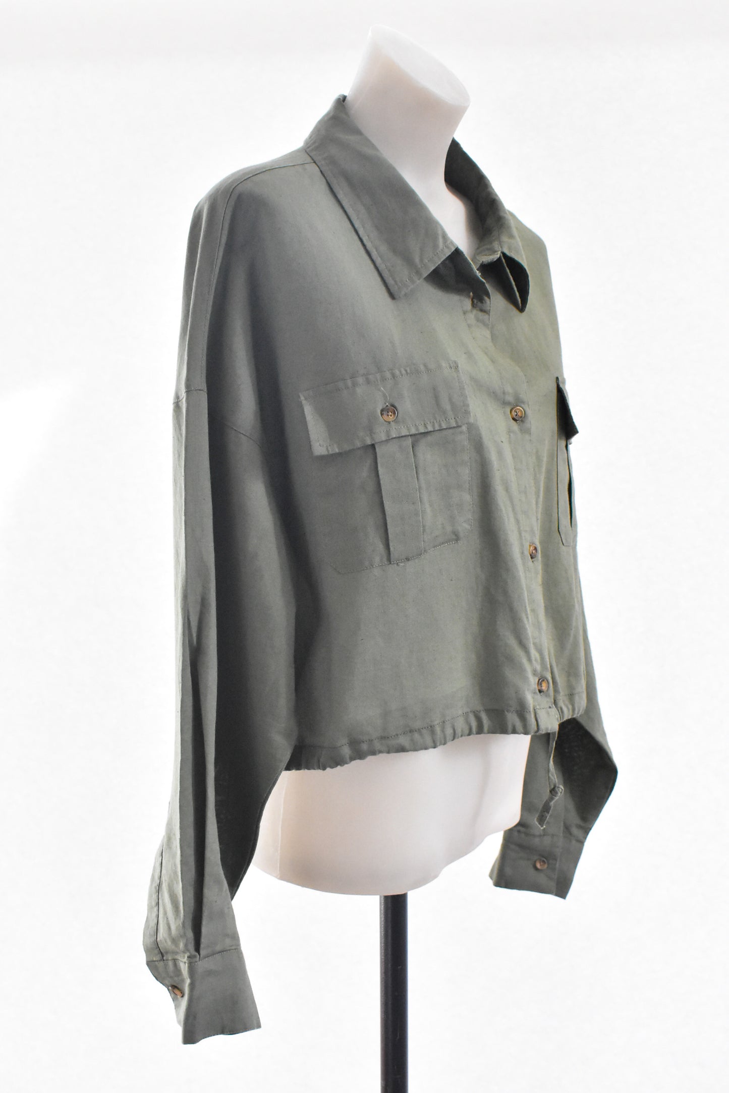 Huffer khaki green cropped cotton-linen shirt jacket, size 12
