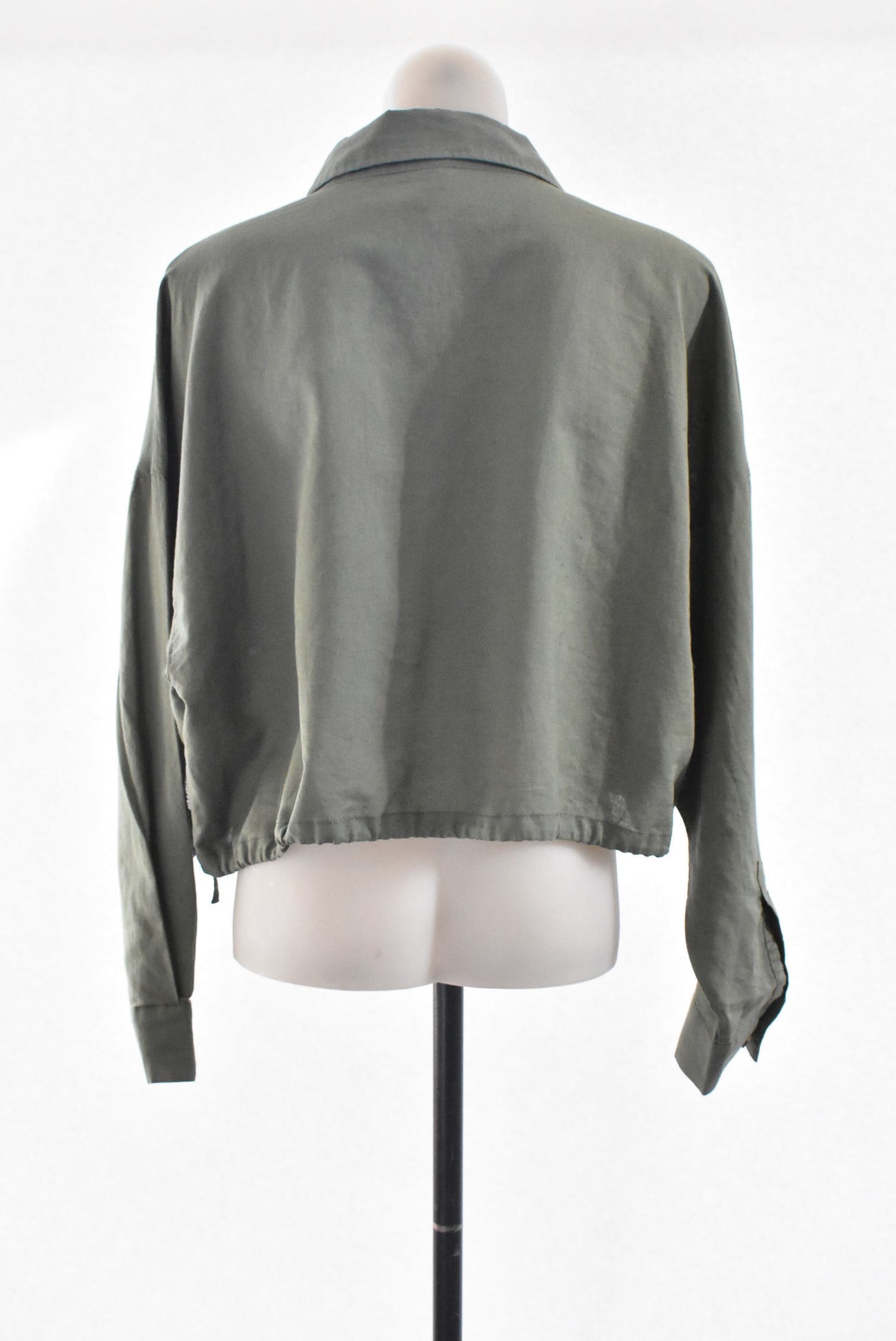 Huffer khaki green cropped cotton-linen shirt jacket, size 12