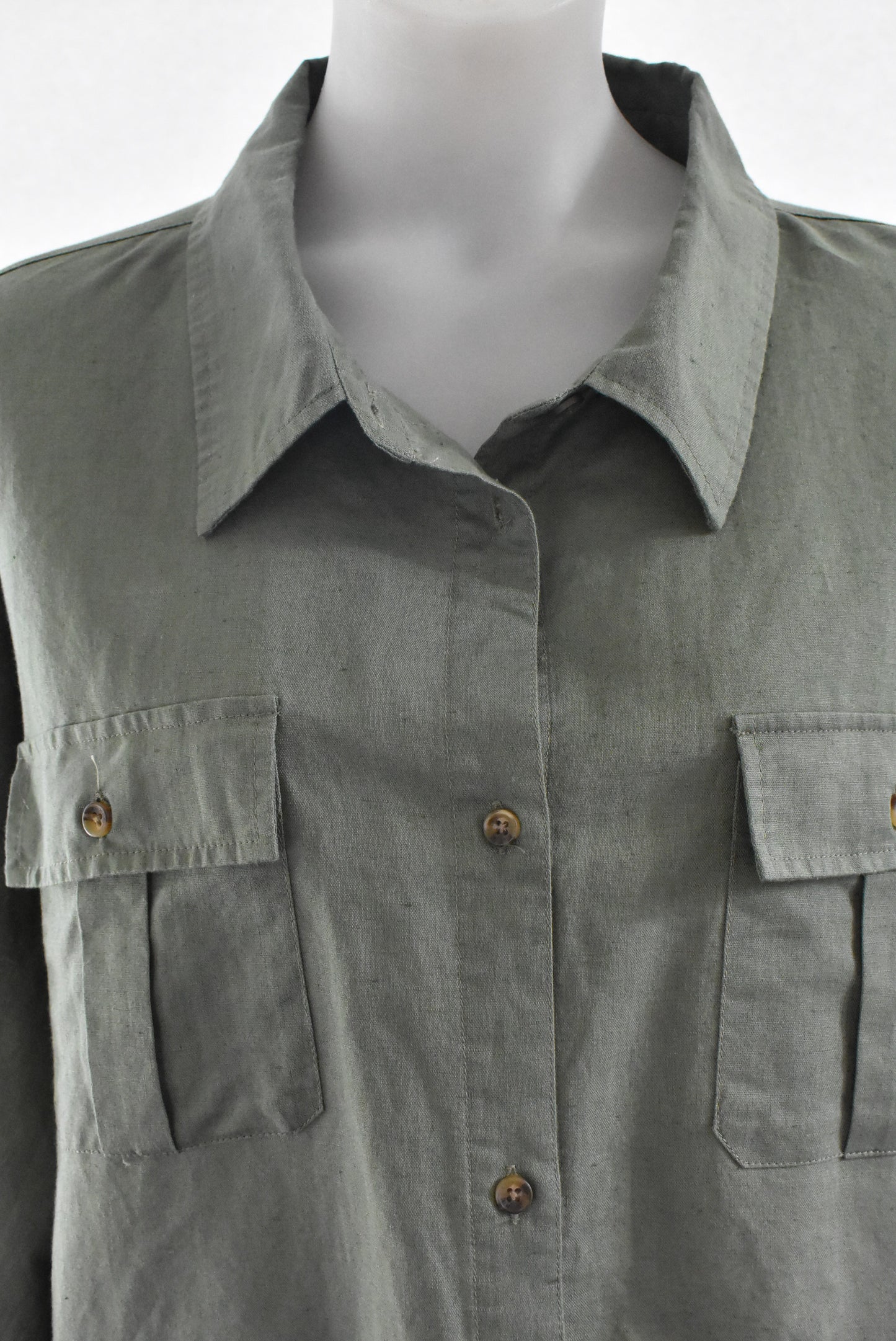 Huffer khaki green cropped cotton-linen shirt jacket, size 12