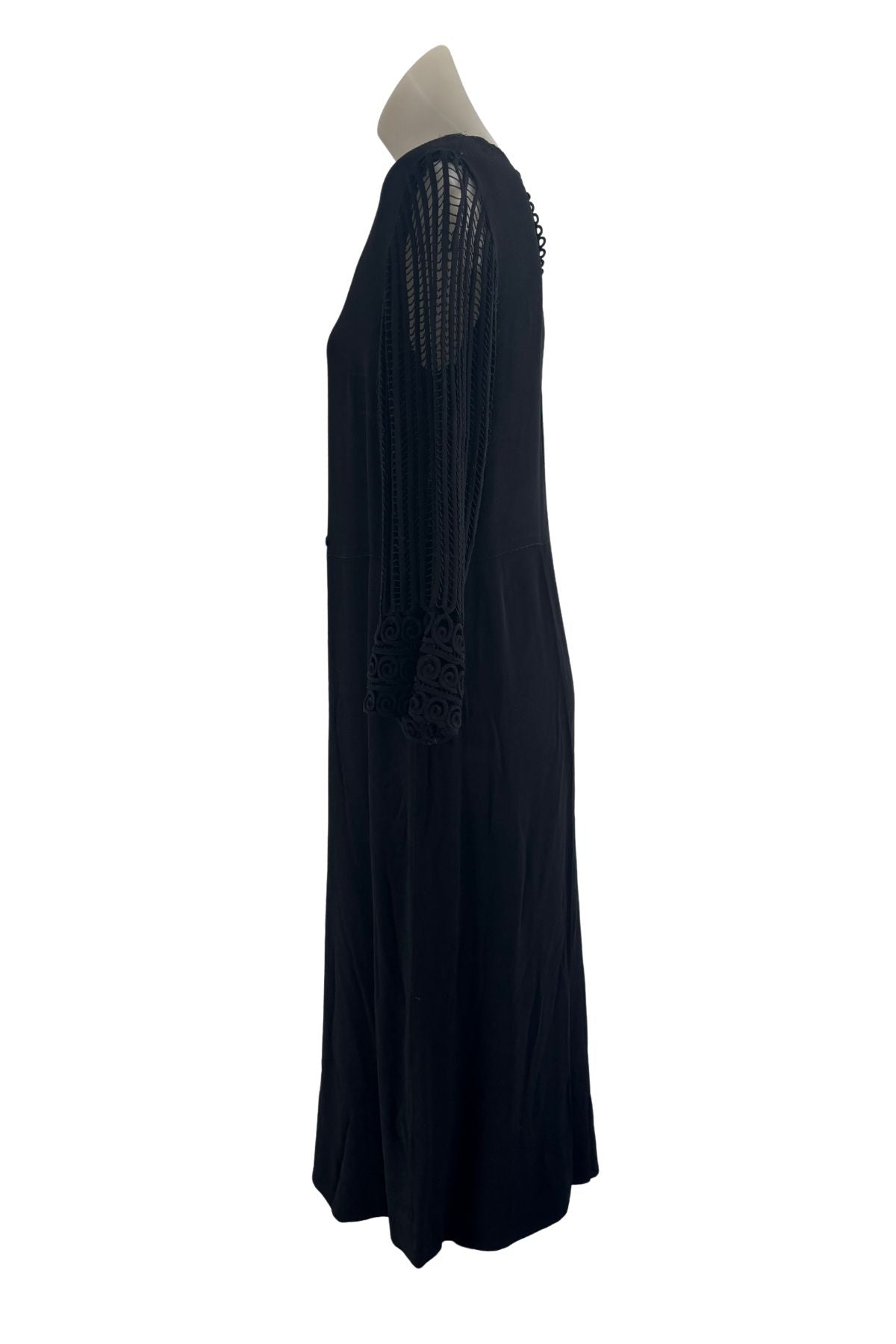 1930’s/40’s Black chunky lace, crepe midi dress, M