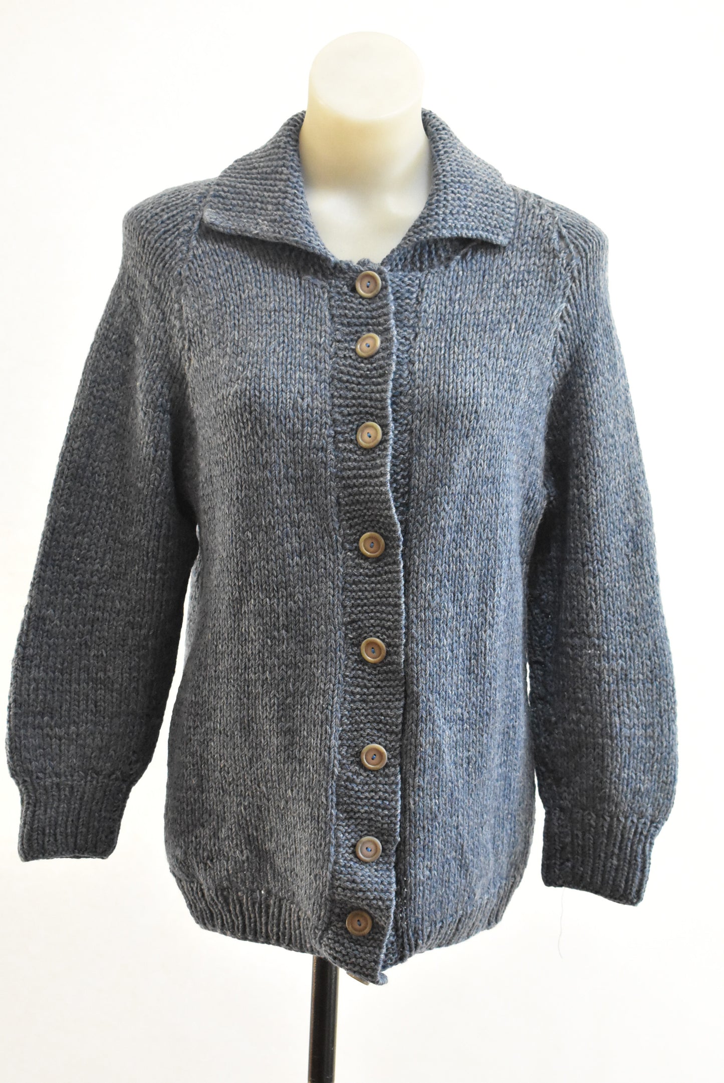 Blue collared handknit cardigan, M