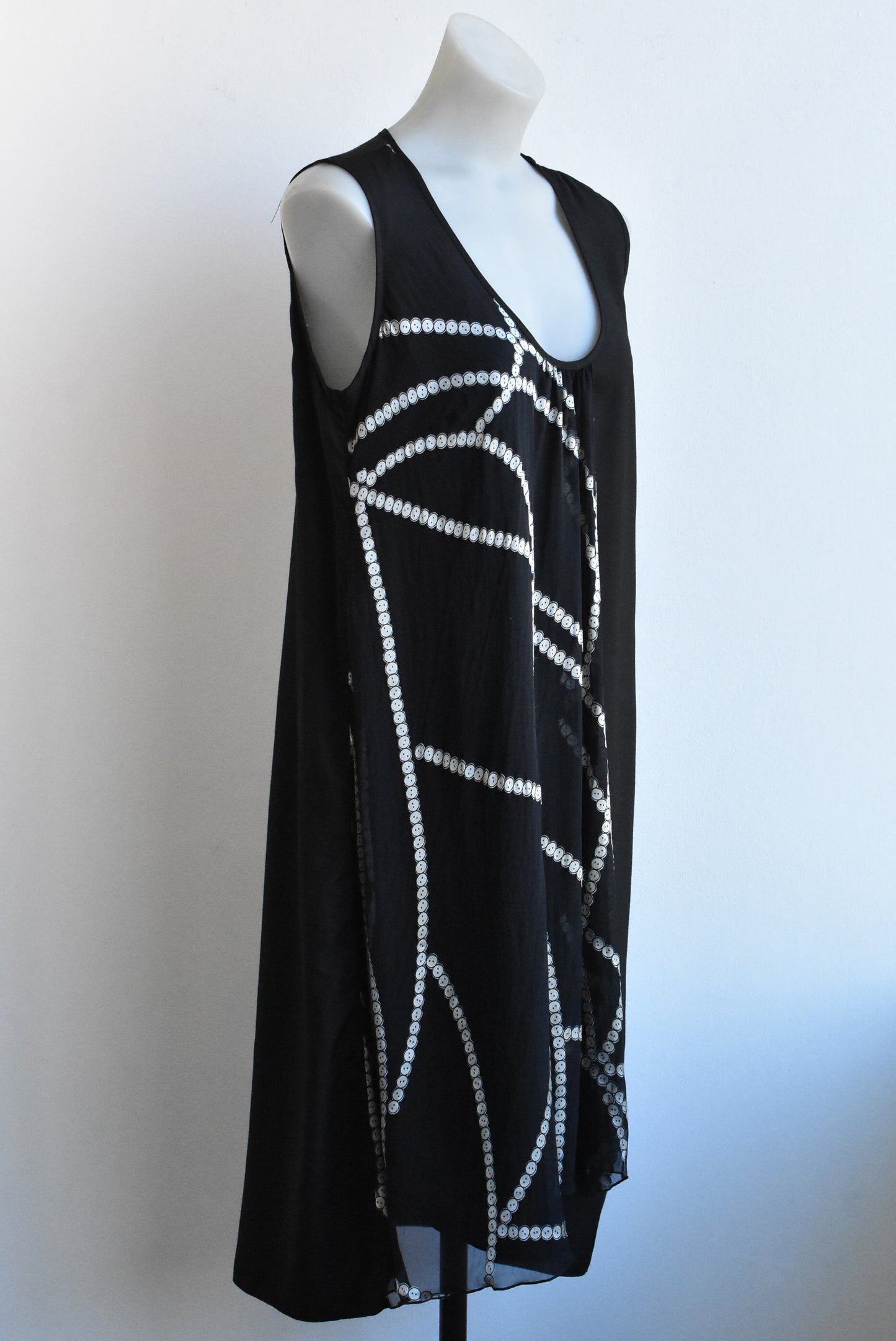Obi New Zealand sleeveless black dress with silver button pattern, nz design, size 10