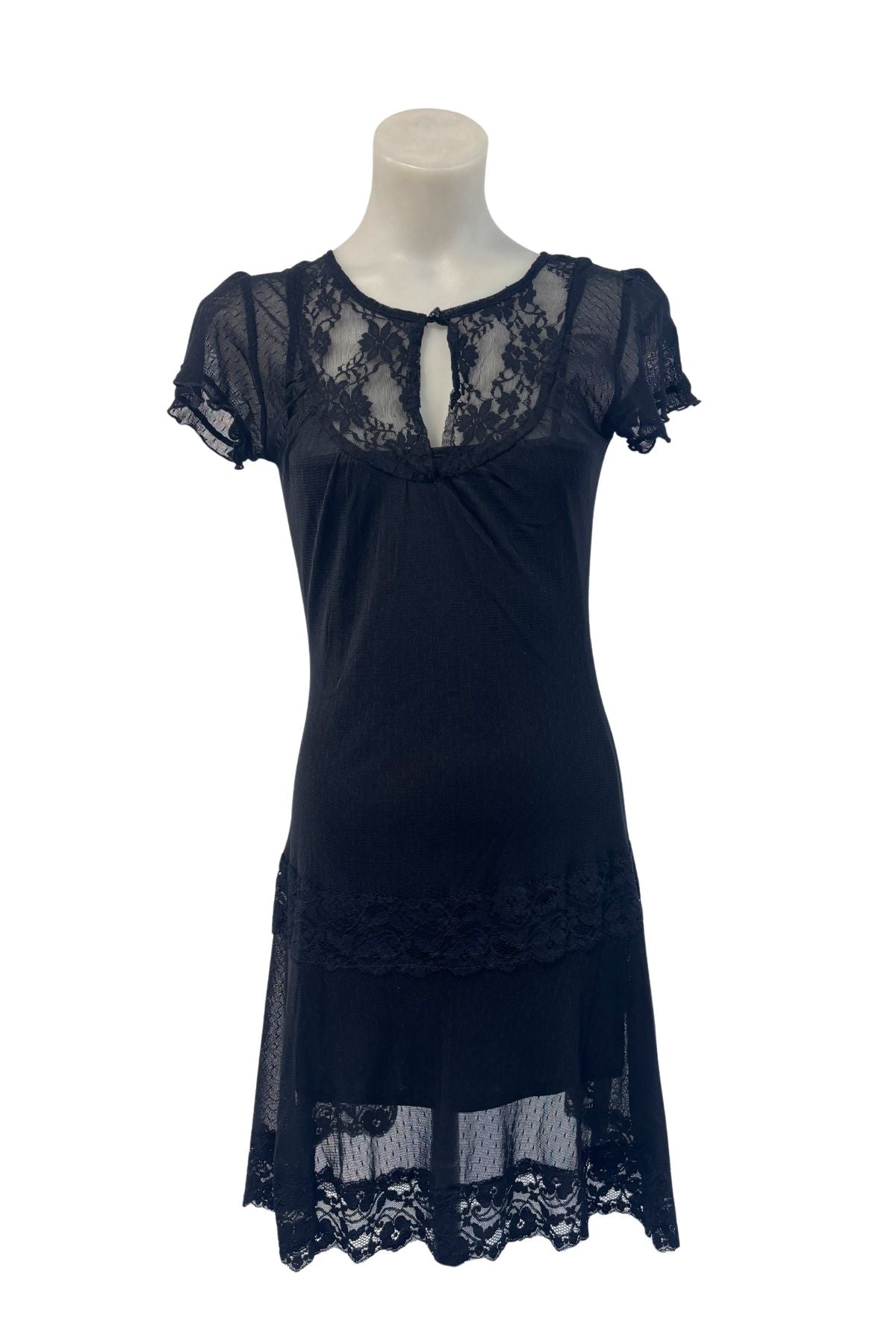 Spiral black mesh lace midi dress, S