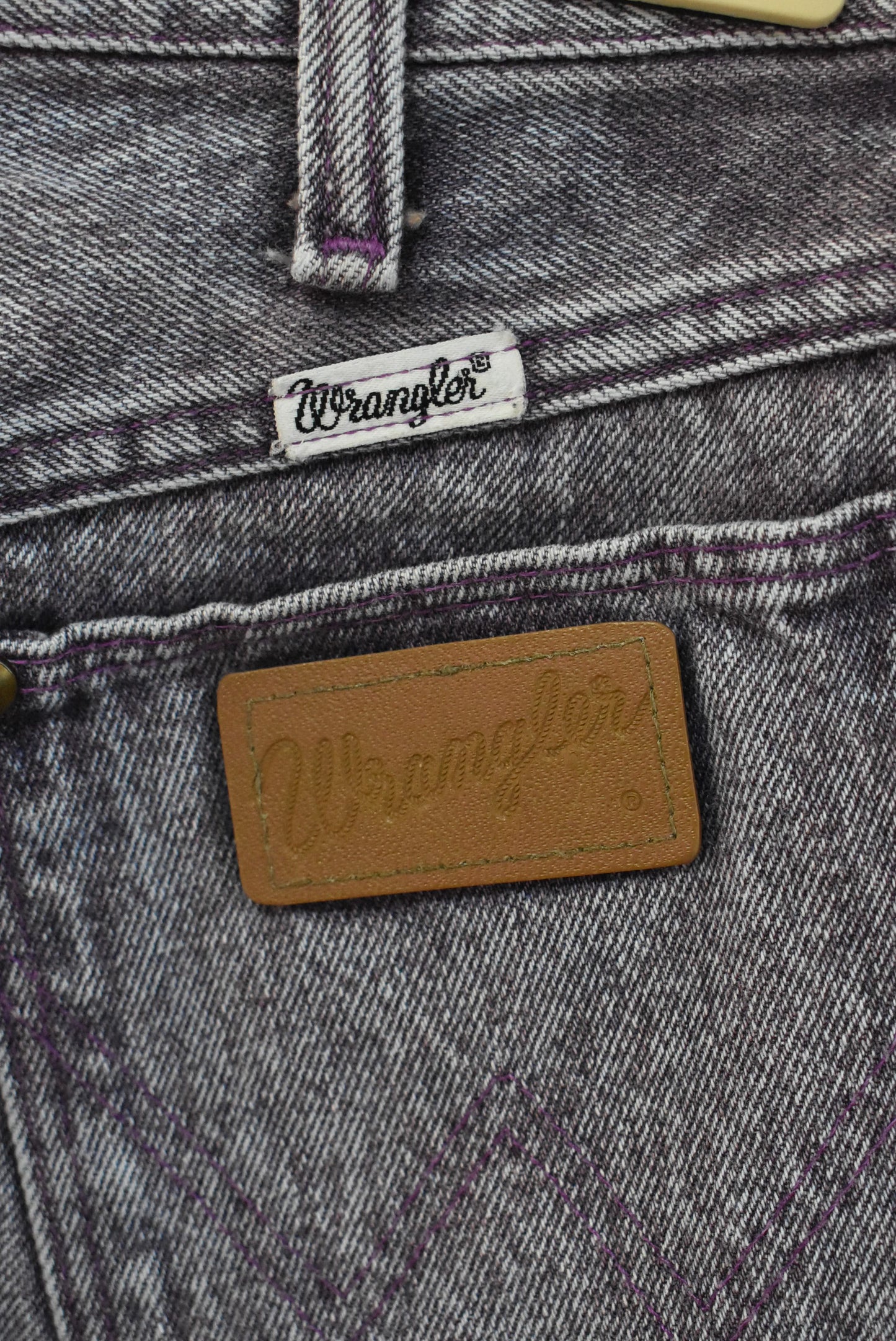 Wrangler acid wash, purple hue high rise jeans, 13