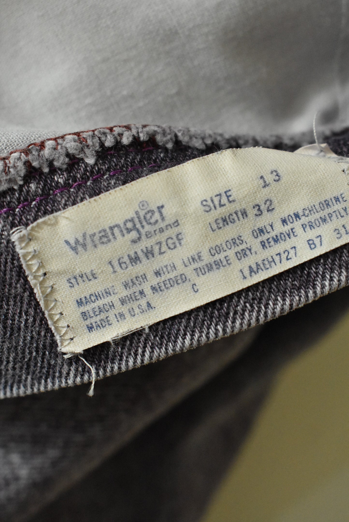 Wrangler acid wash, purple hue high rise jeans, 13