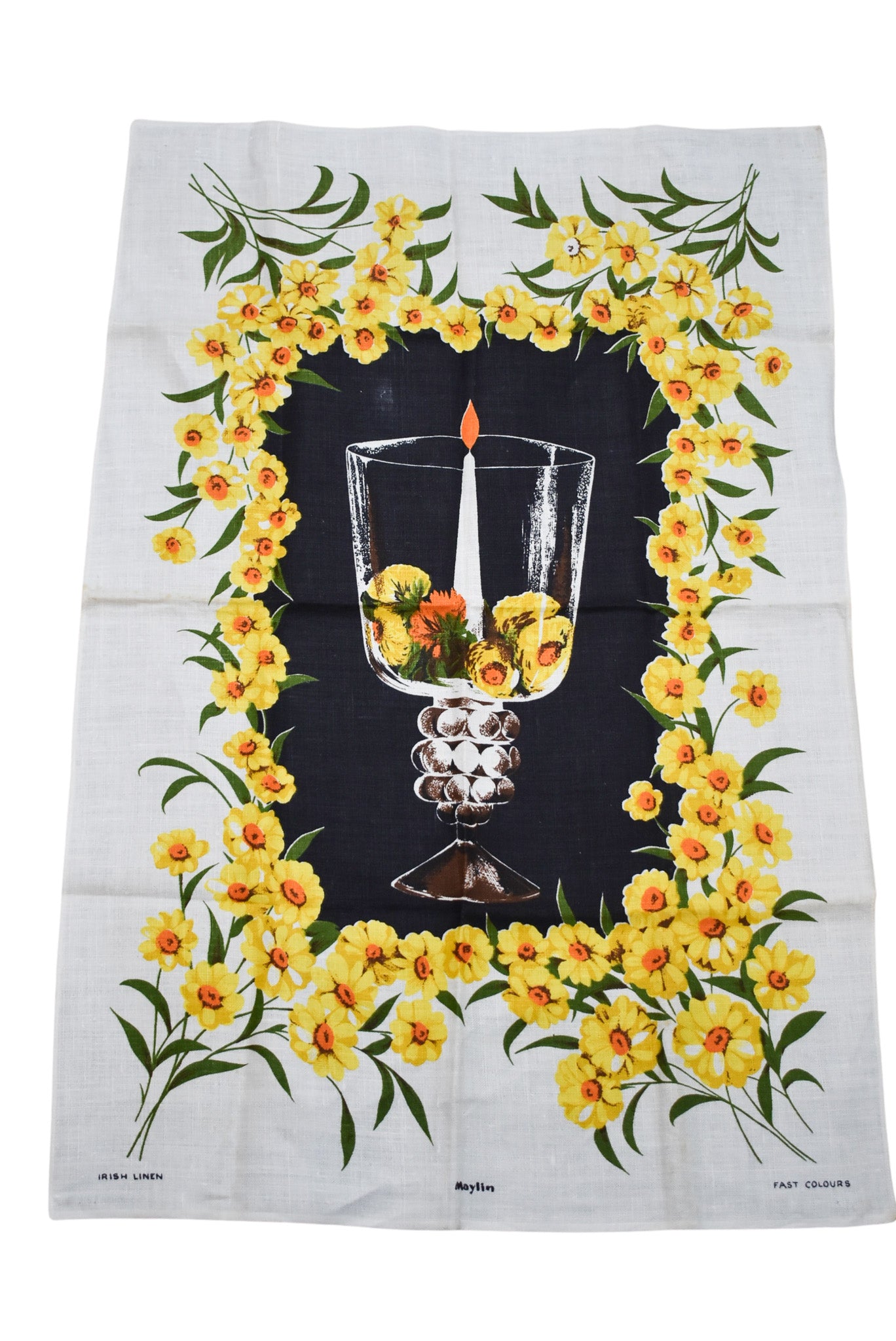 Maylin Irish linen yellow floral centerpiece tea towel