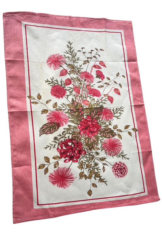 Vintage pink + green bunch of flowers tea towel