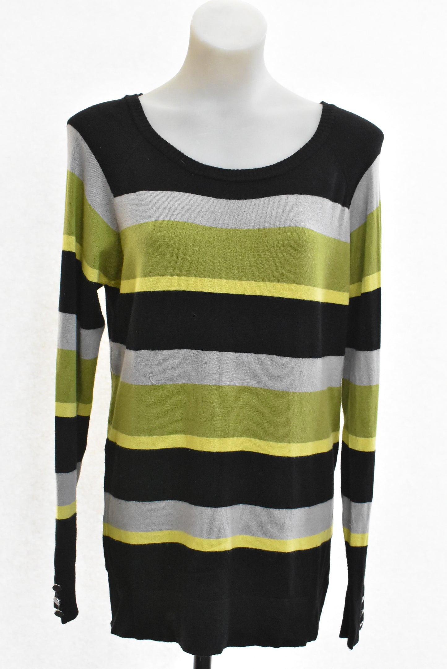 Ella J Classic black, green and grey striped jersey, size M