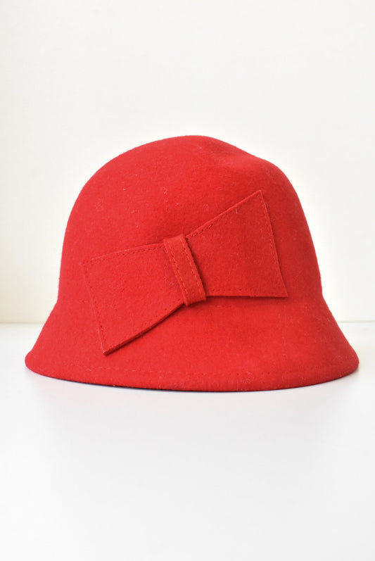 Ruby red wool felt cloche with flat bow