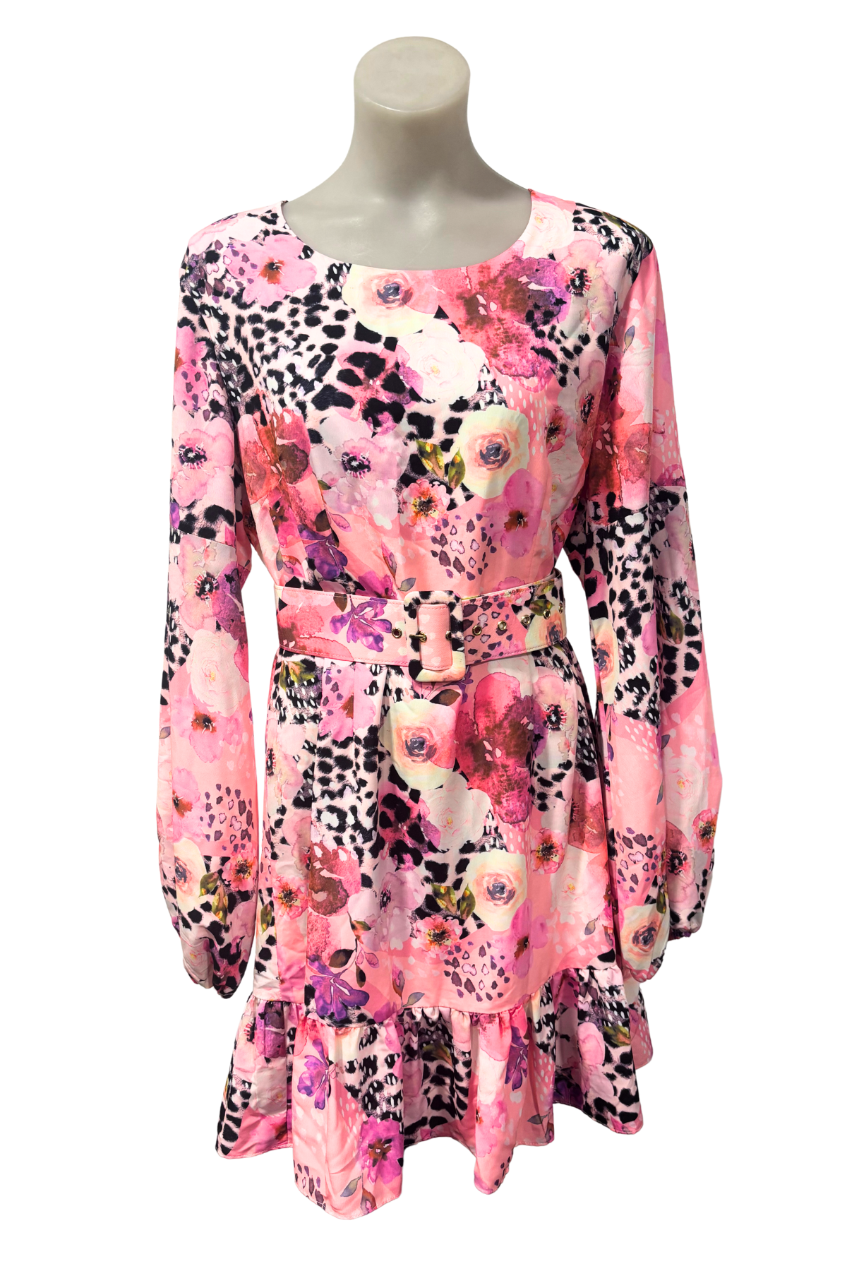 Augustine vibrant floral leopard print belted dress, L NWT