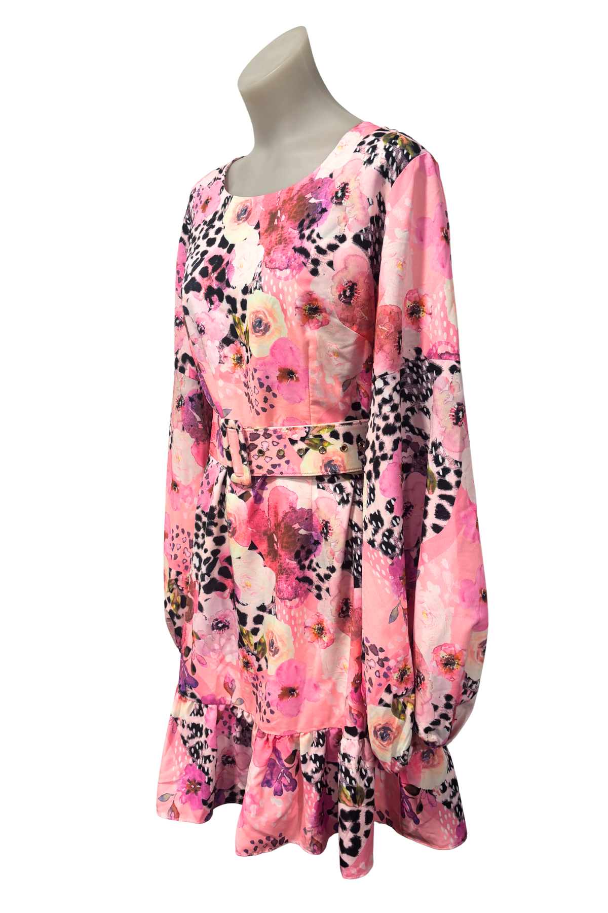 Augustine vibrant floral leopard print belted dress, L NWT