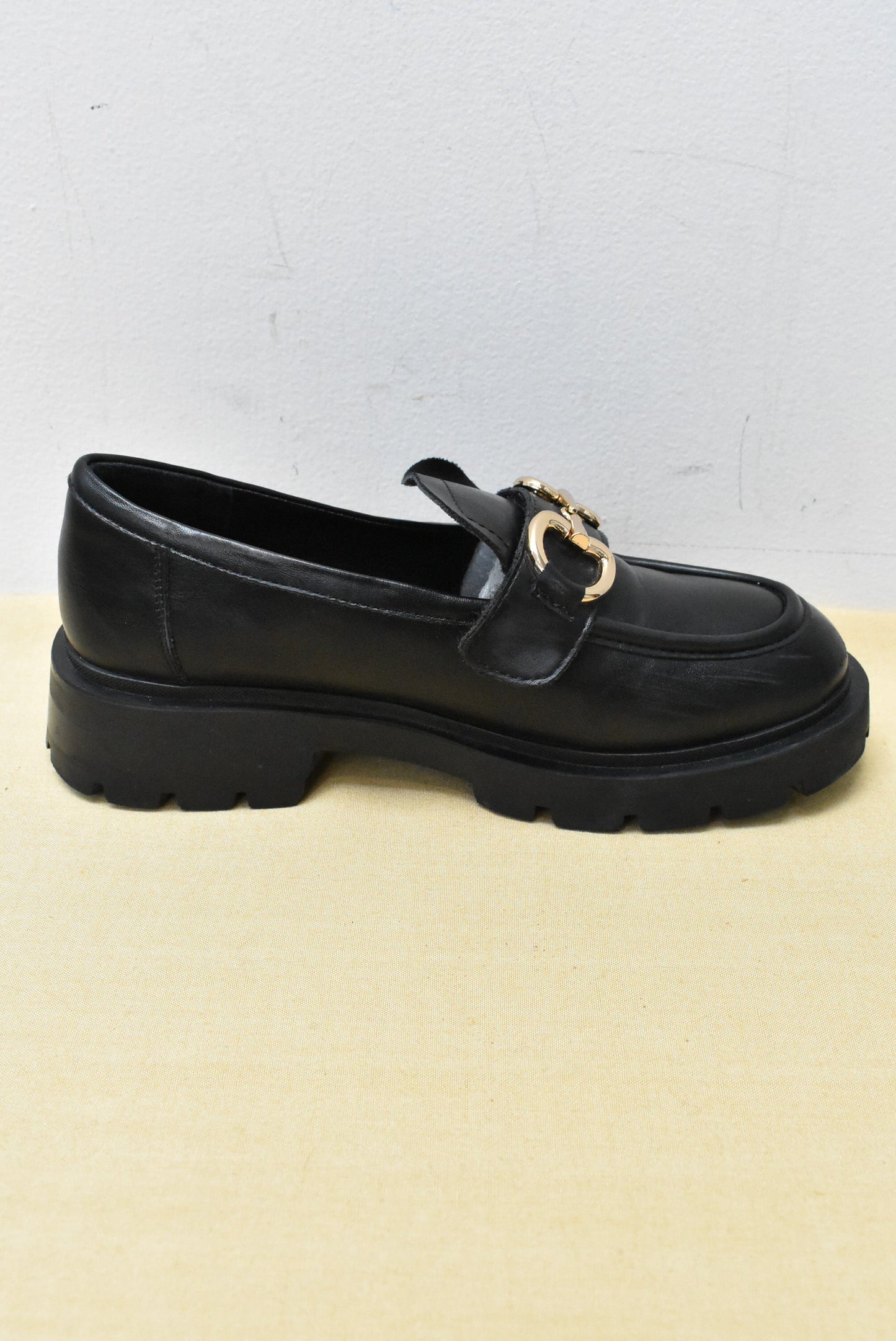 Daphne Black Loafers with gold hardware, 5.5