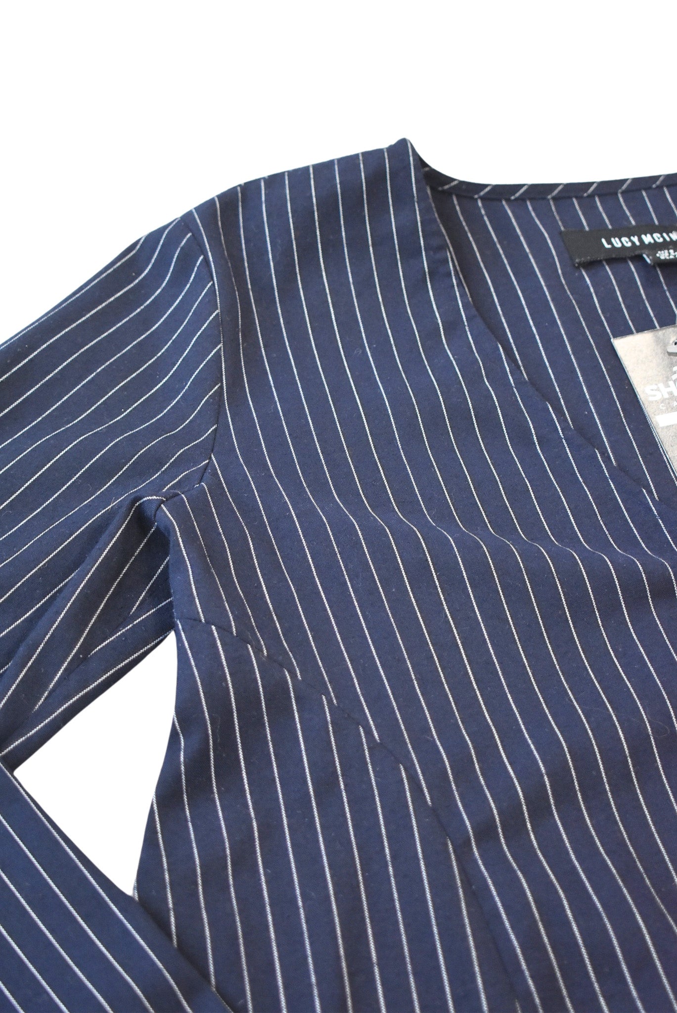 Lucy Mcintosh navy pinstripe flared sleeve blouse, 8