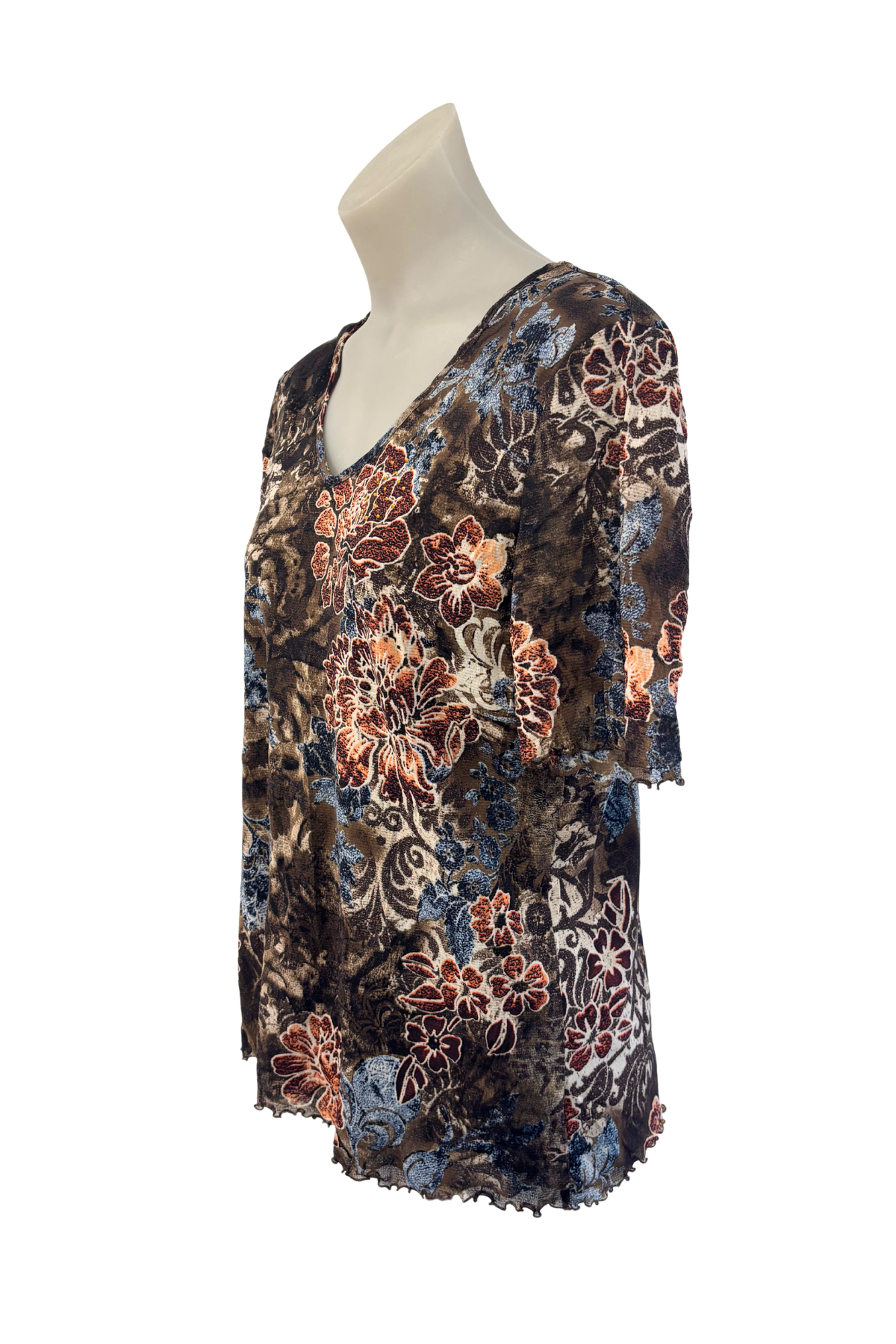 Frilly brown floral mesh blouse, S