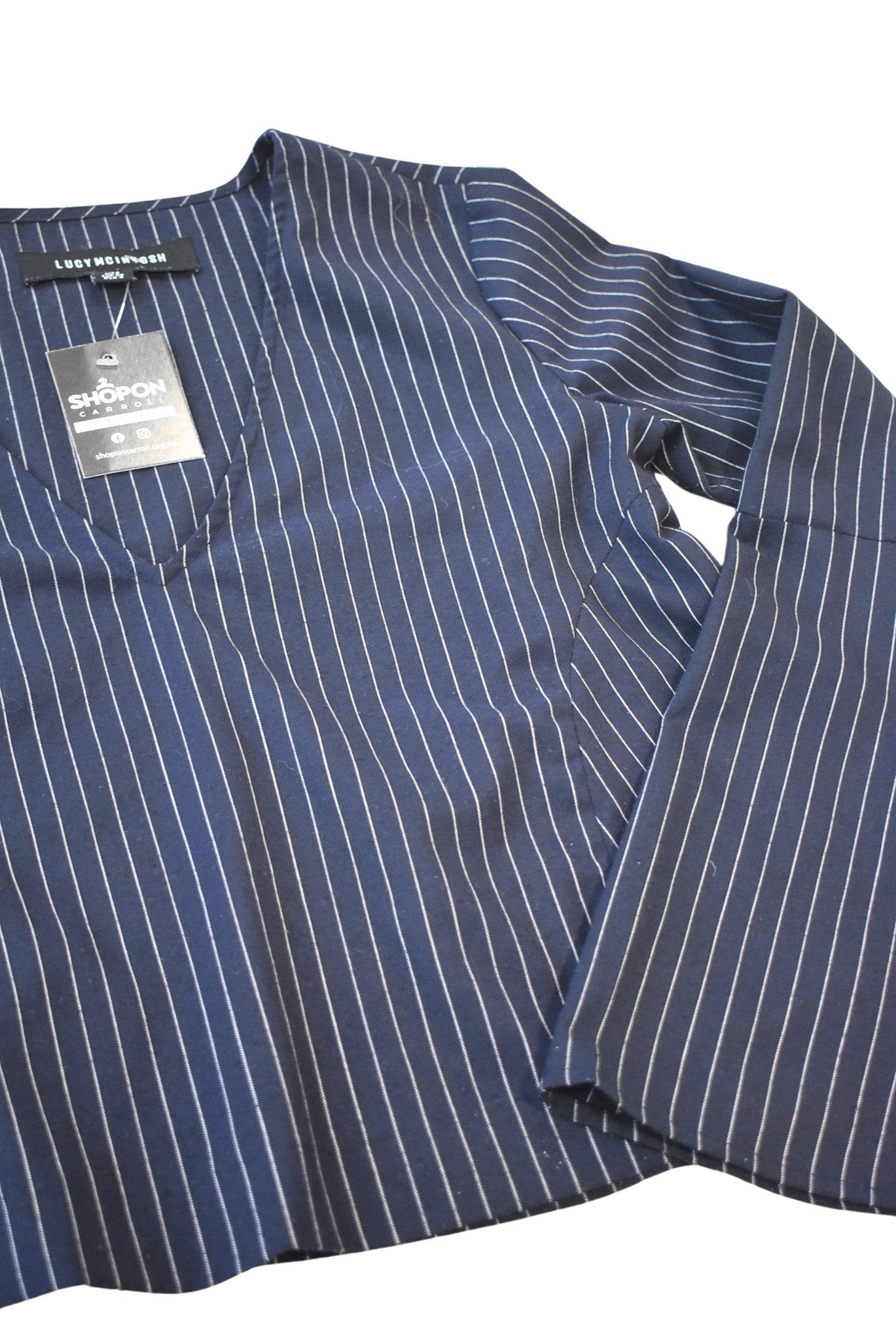 Lucy Mcintosh navy pinstripe flared sleeve blouse, 8
