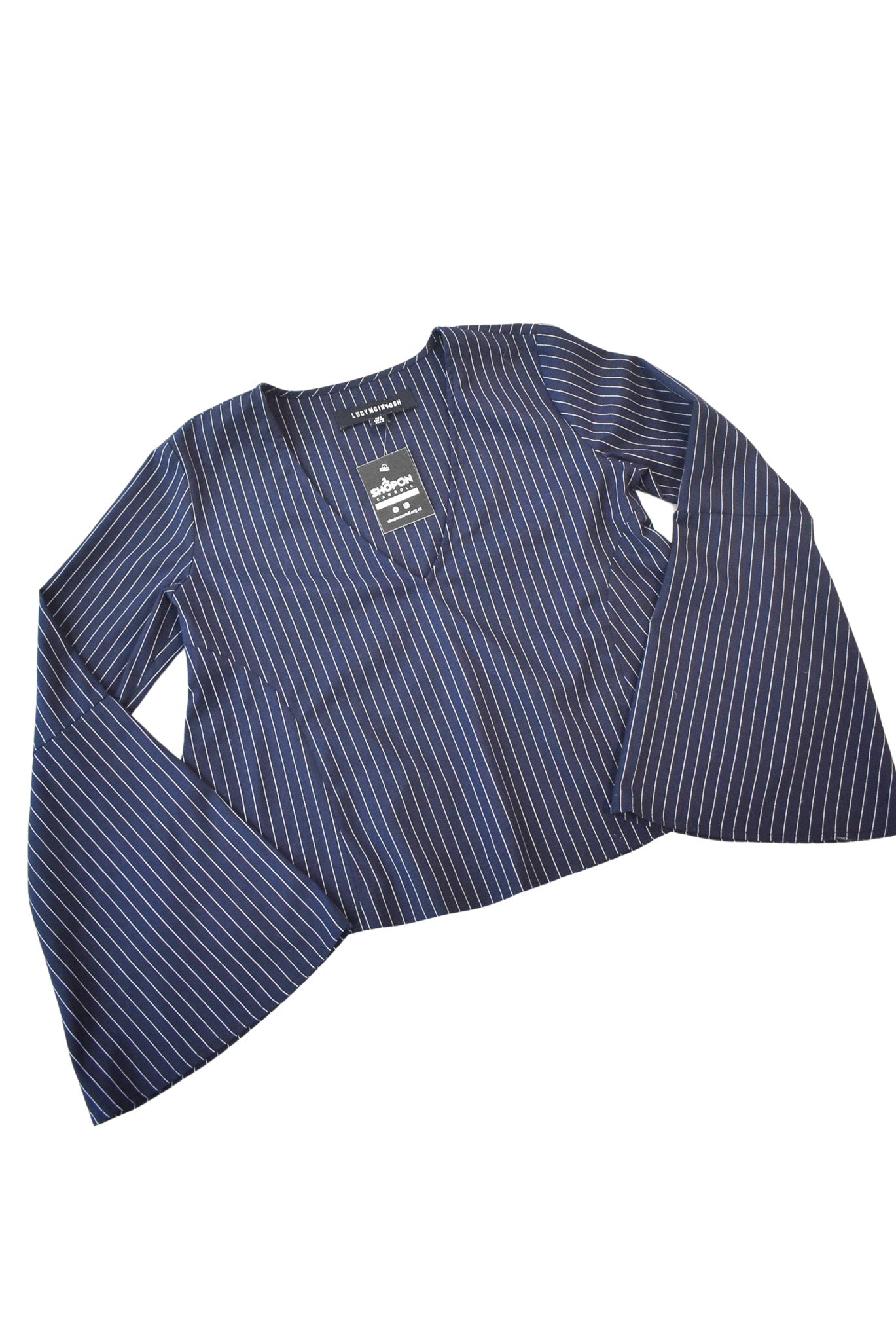 Lucy Mcintosh navy pinstripe flared sleeve blouse, 8