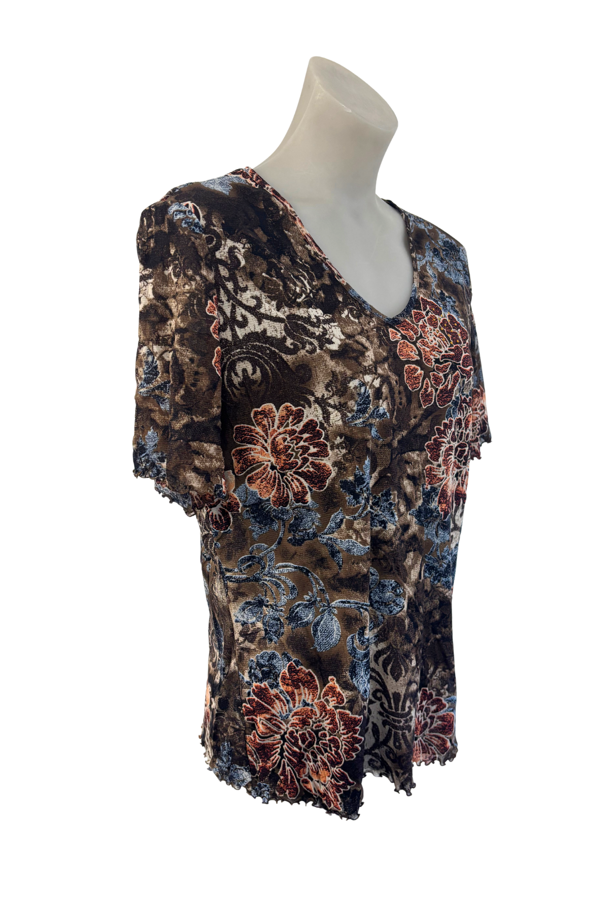 Frilly brown floral mesh blouse, S