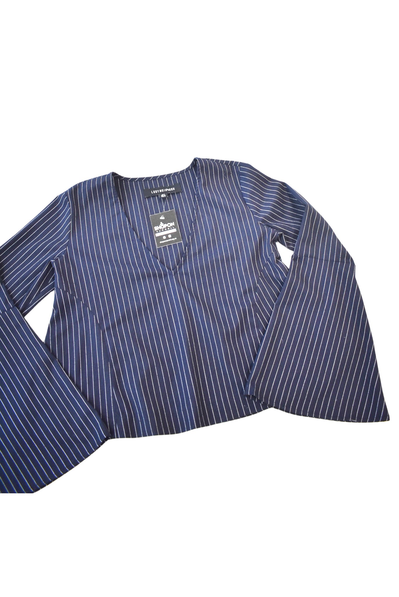 Lucy Mcintosh navy pinstripe flared sleeve blouse, 8