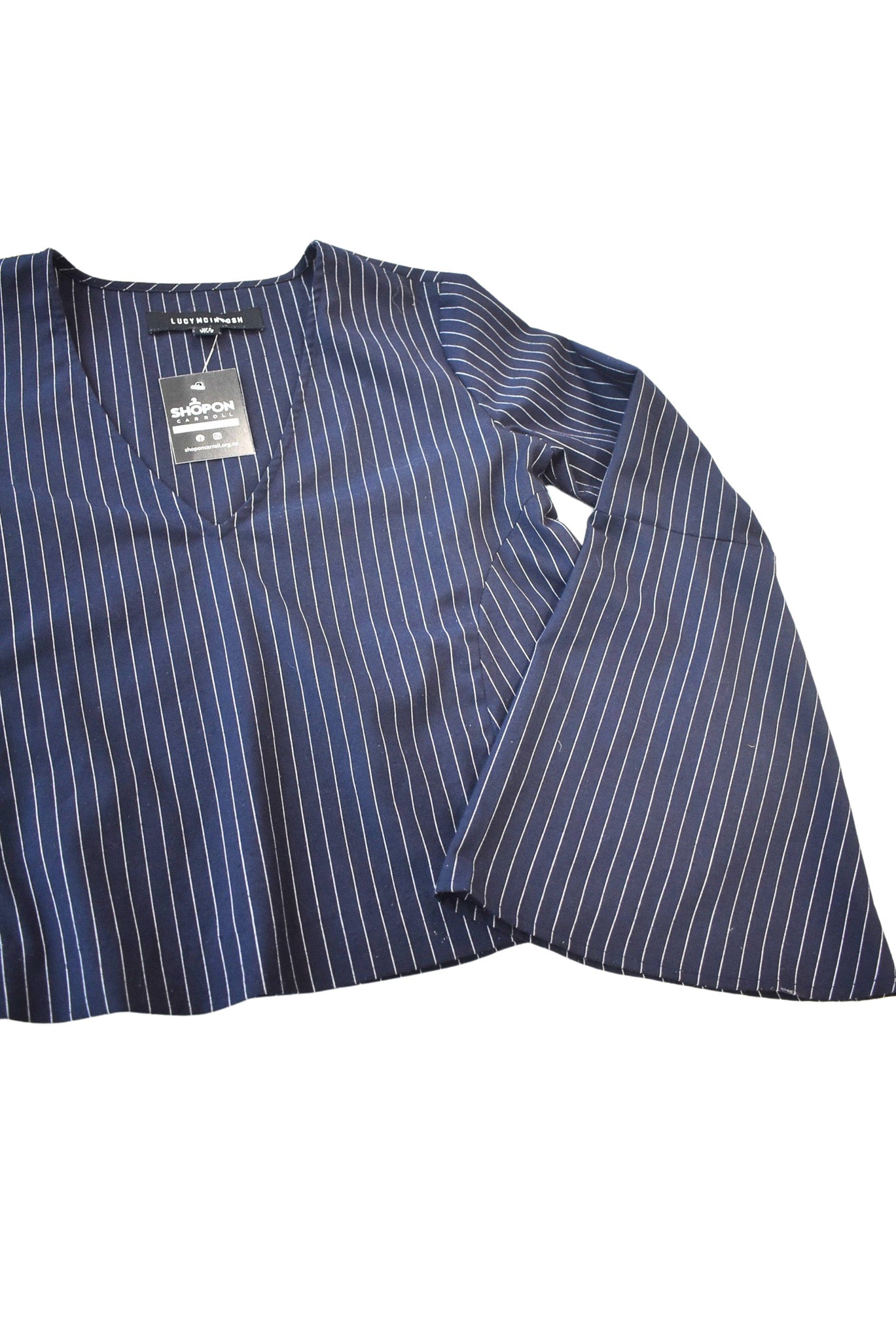 Lucy Mcintosh navy pinstripe flared sleeve blouse, 8