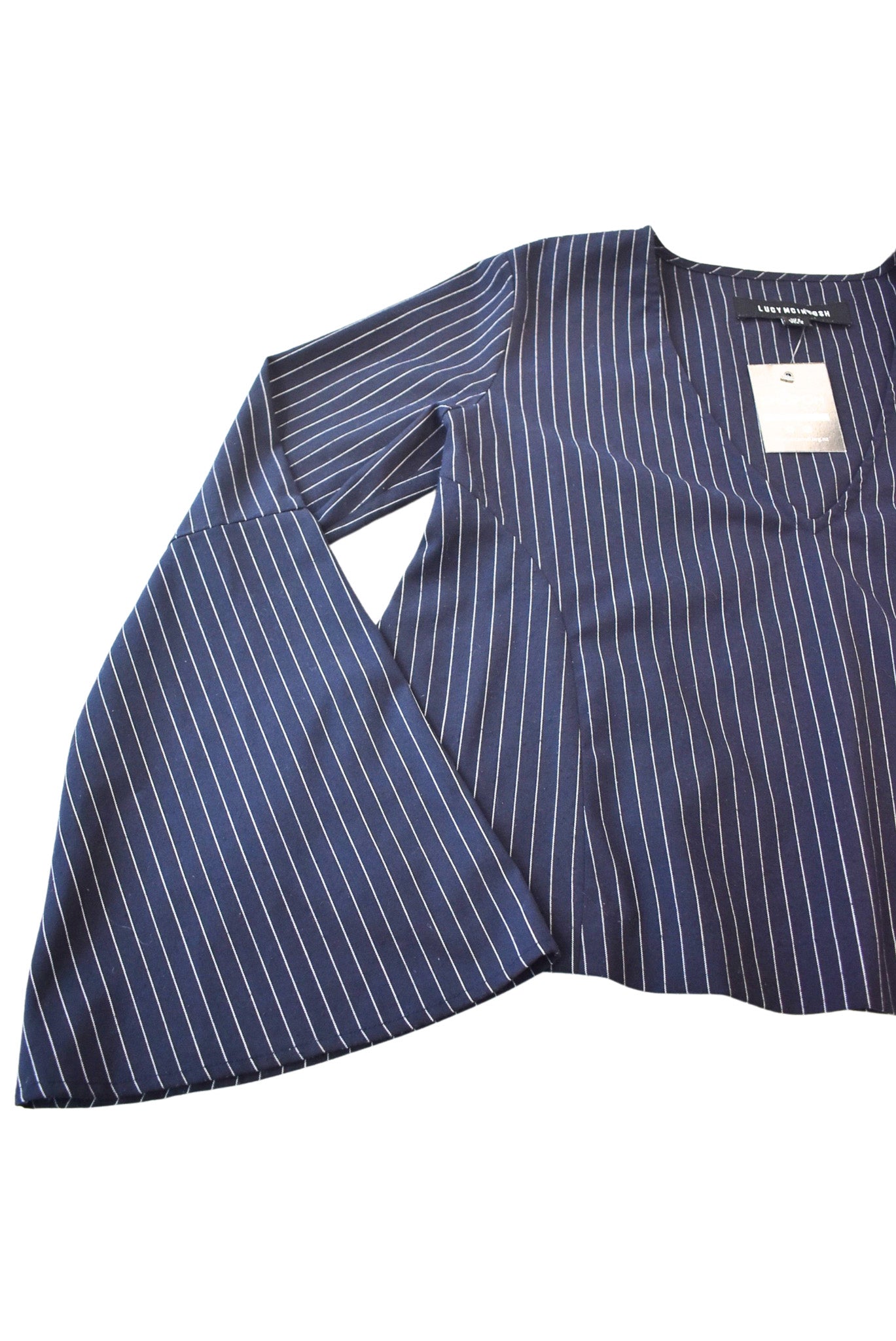 Lucy Mcintosh navy pinstripe flared sleeve blouse, 8
