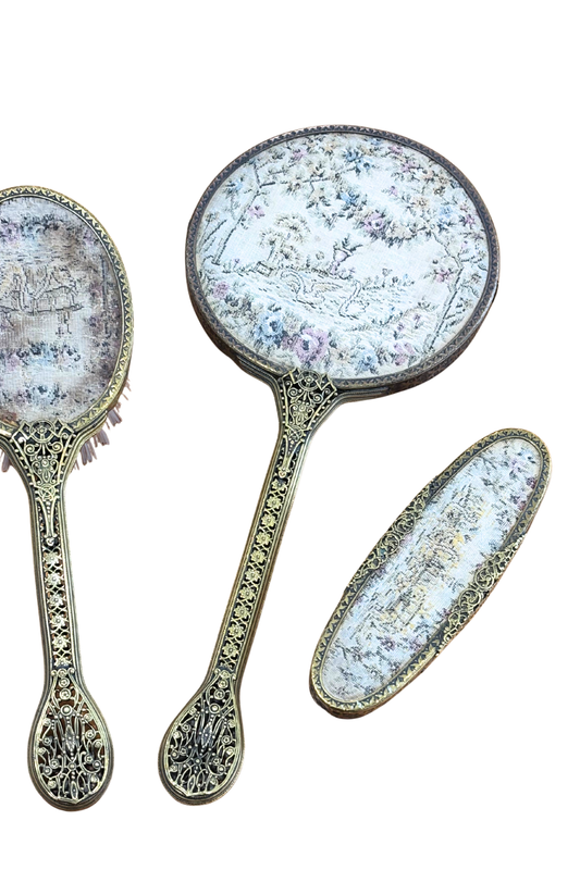 Antique brass UK made mirror + brush set