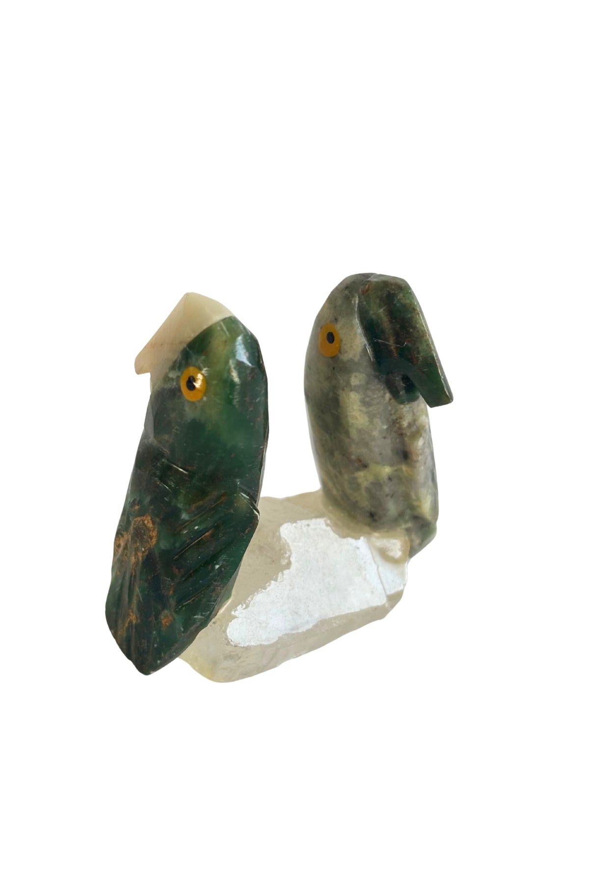 Beautiful jade crystal cockatoo's on quartz crystal