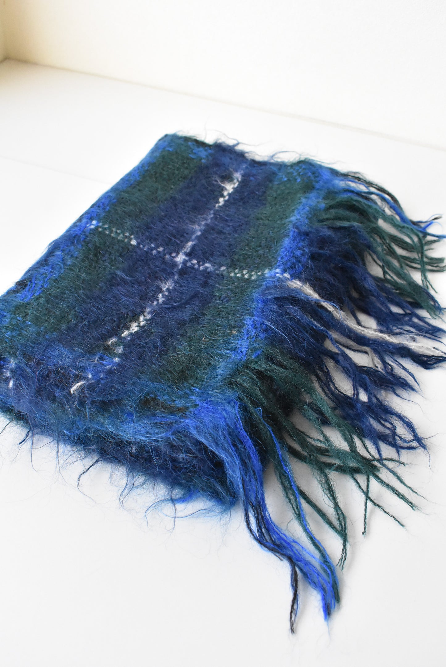 Blue and green fuzzy winter scarf