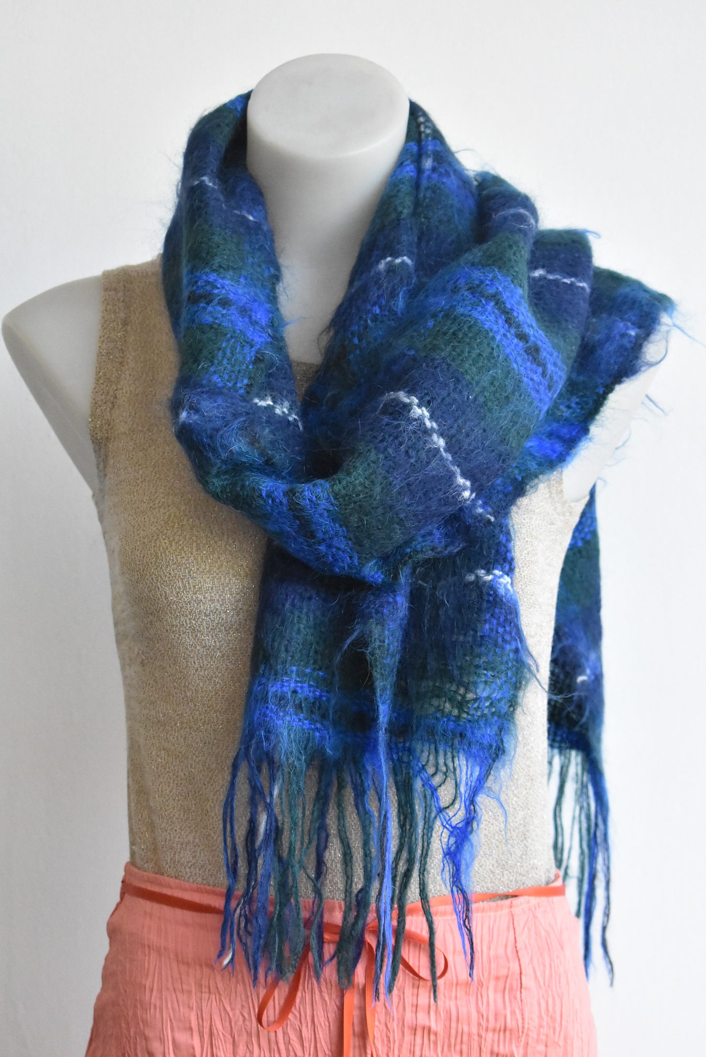 Blue and green fuzzy winter scarf