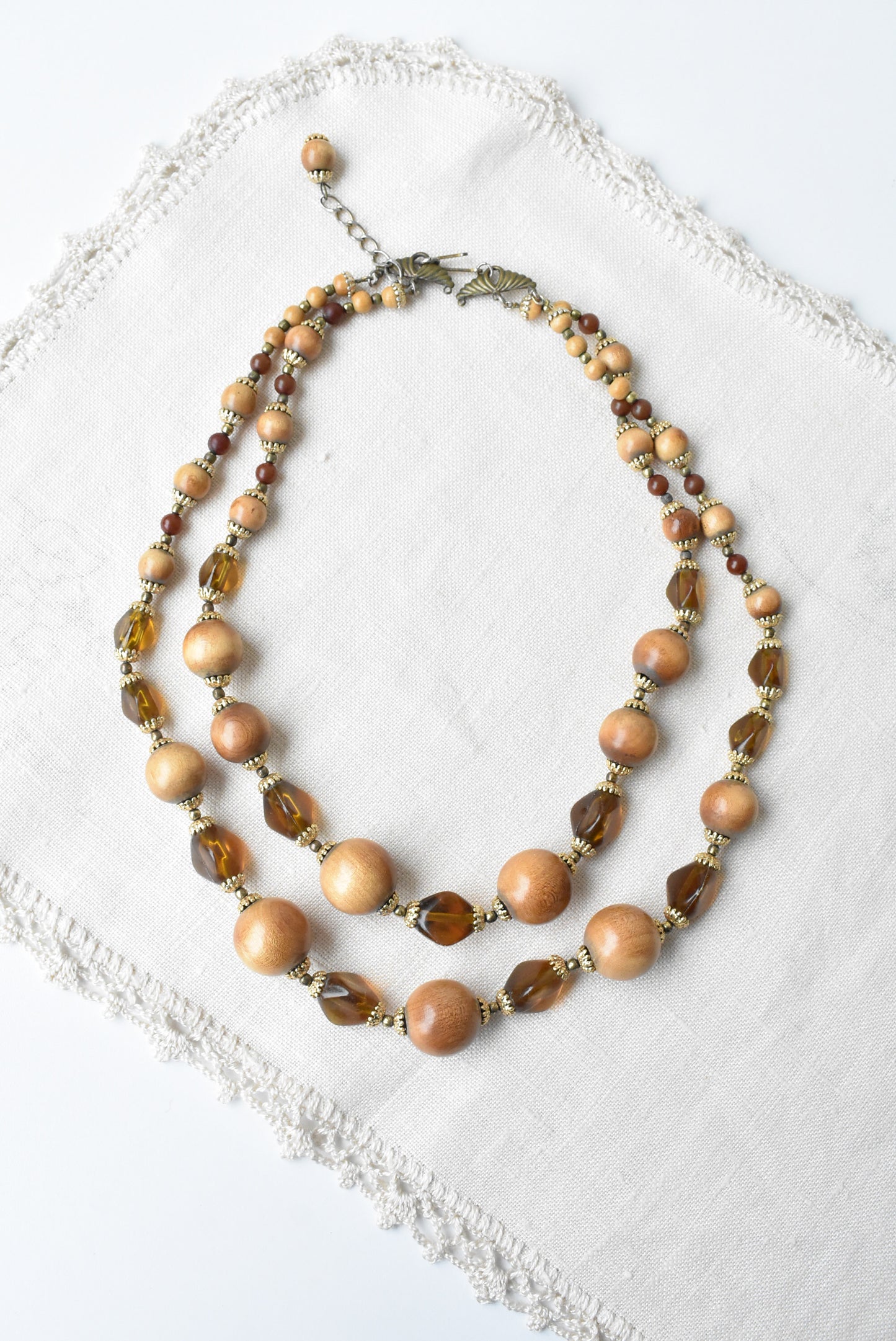 Retro bohemian wooden and gold beaded necklace