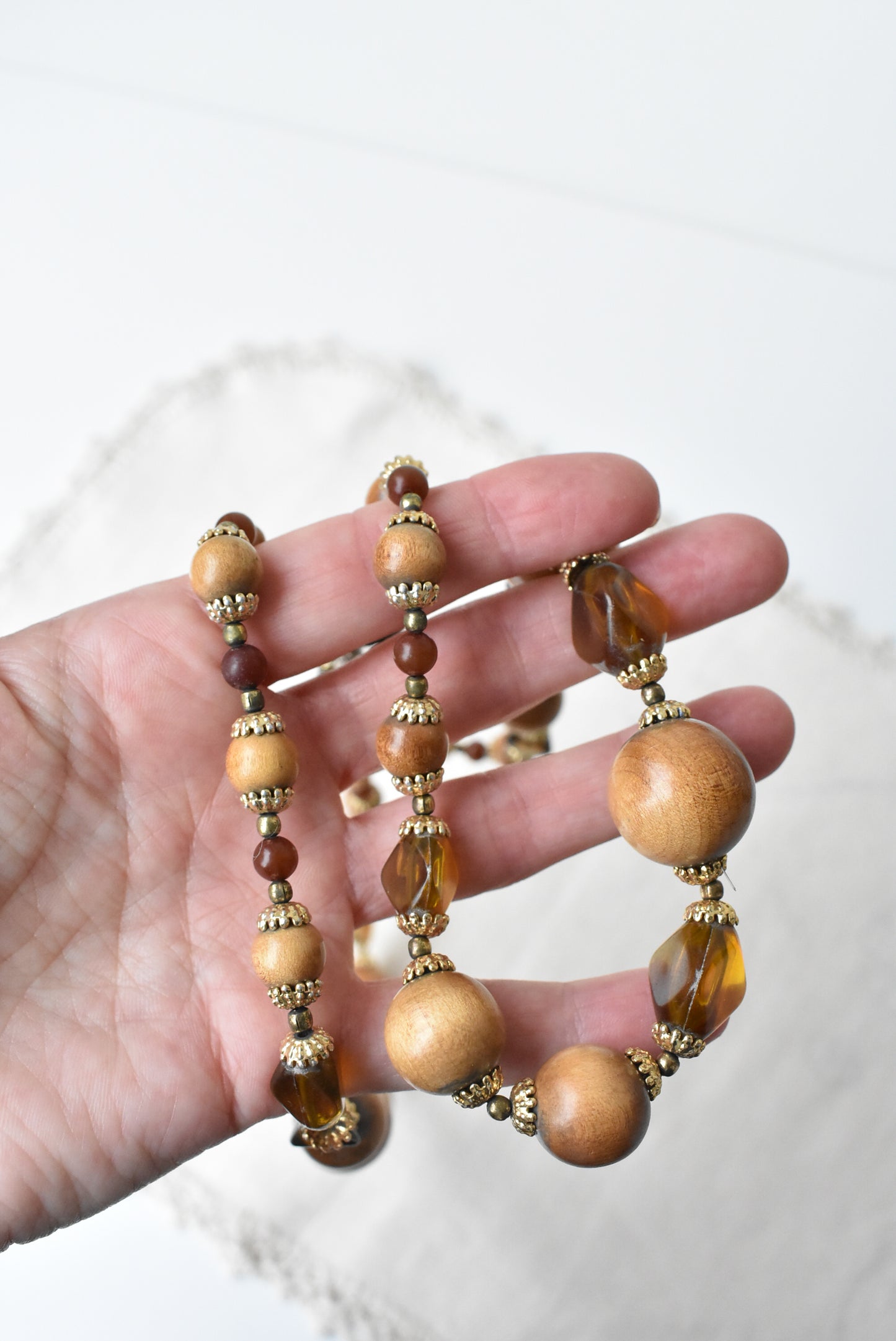 Retro bohemian wooden and gold beaded necklace