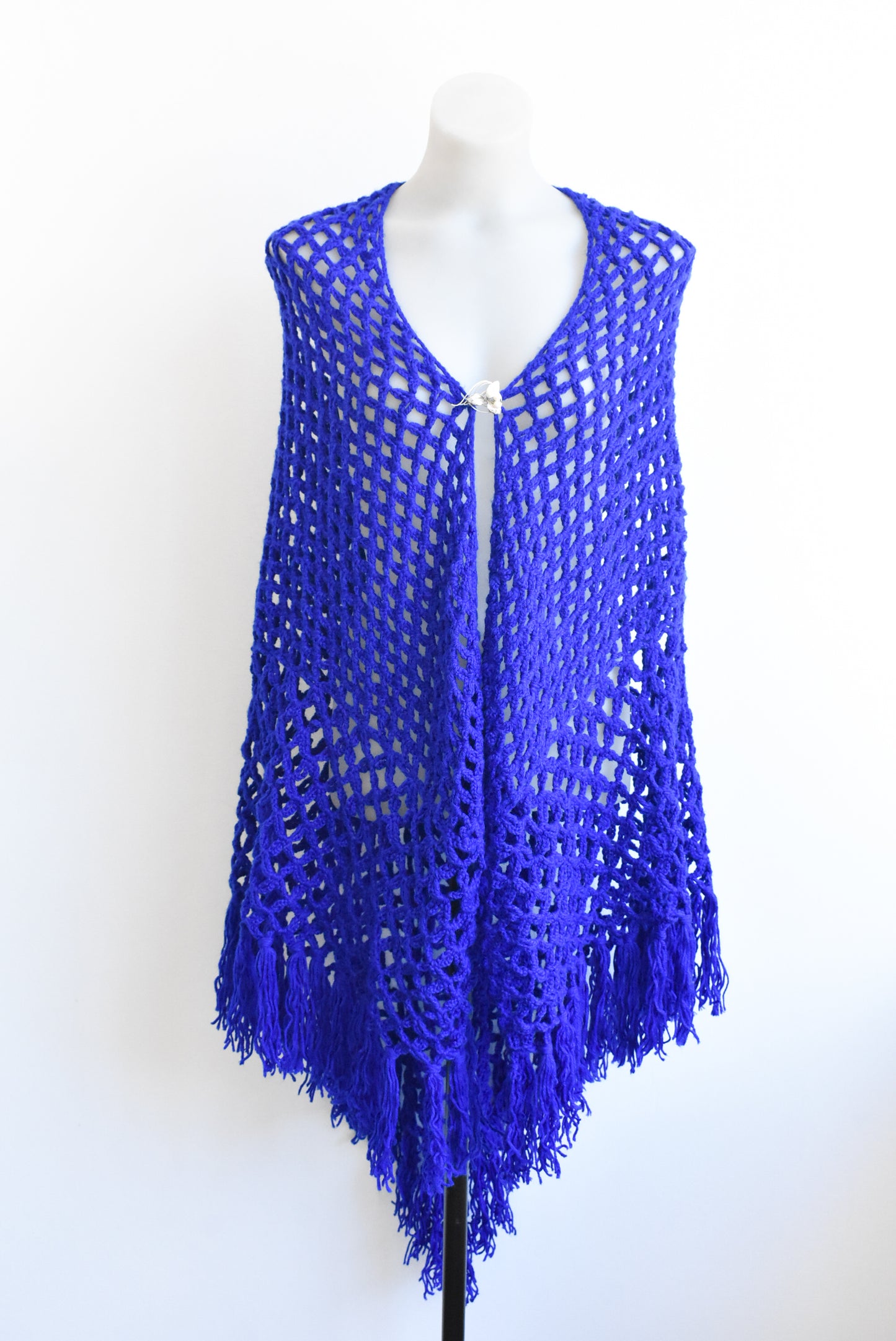 Large blue hand-crocheted shawl