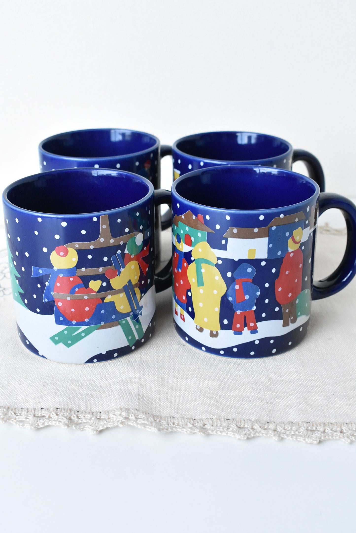 Lillian Vernon retro winter Christmas mugs, 70's design reproduced in 1989