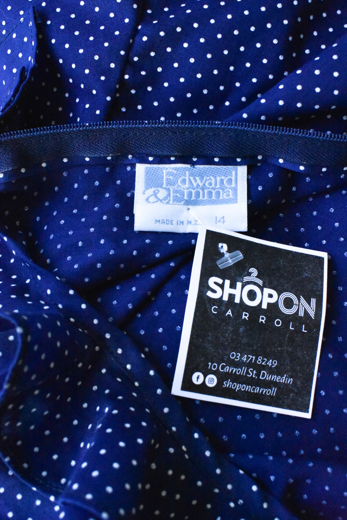 Edward & Emma retro navy polka dot dress, size S-M